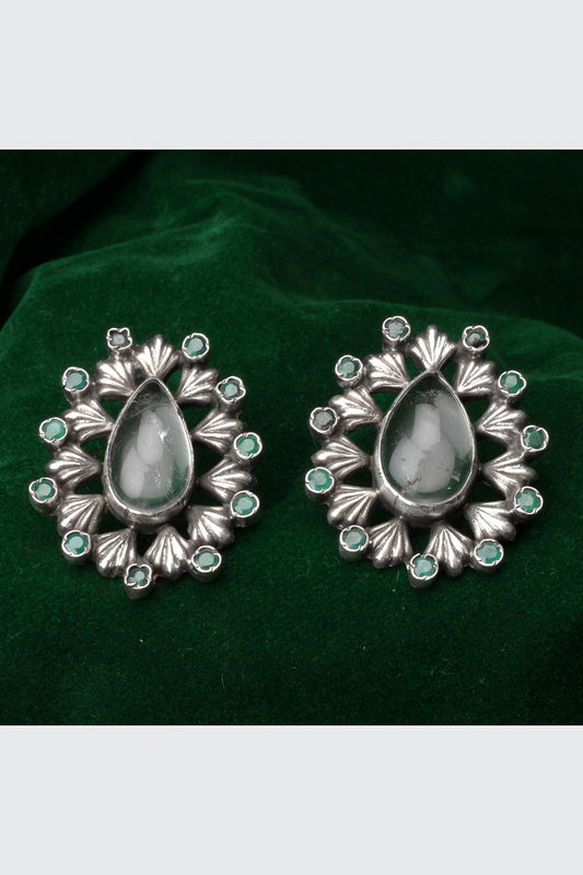 Silver Finish Emerald Gemstone & Onyx Stud Earrings In Sterling Silver