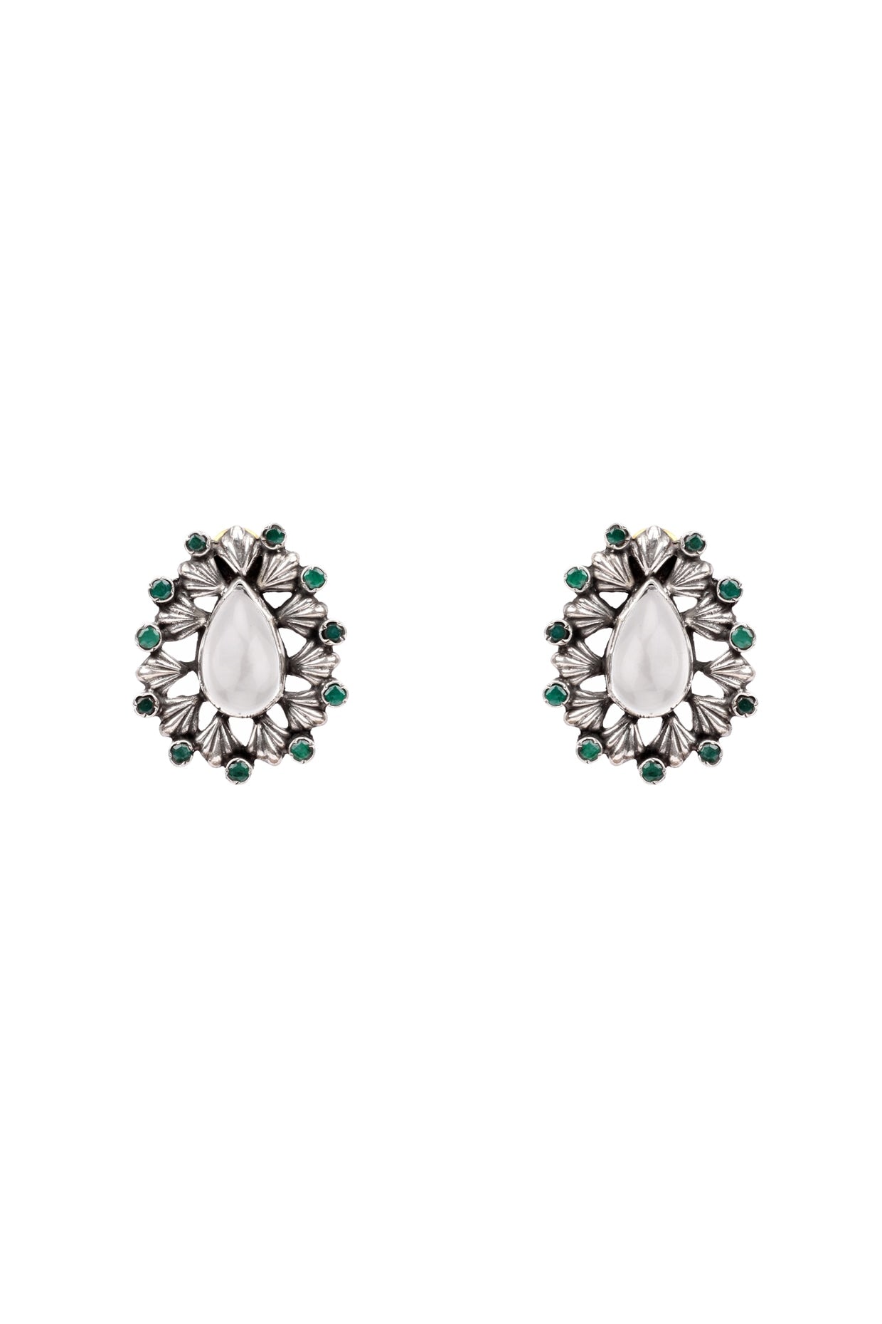 Silver Finish Emerald Gemstone & Onyx Stud Earrings In Sterling Silver