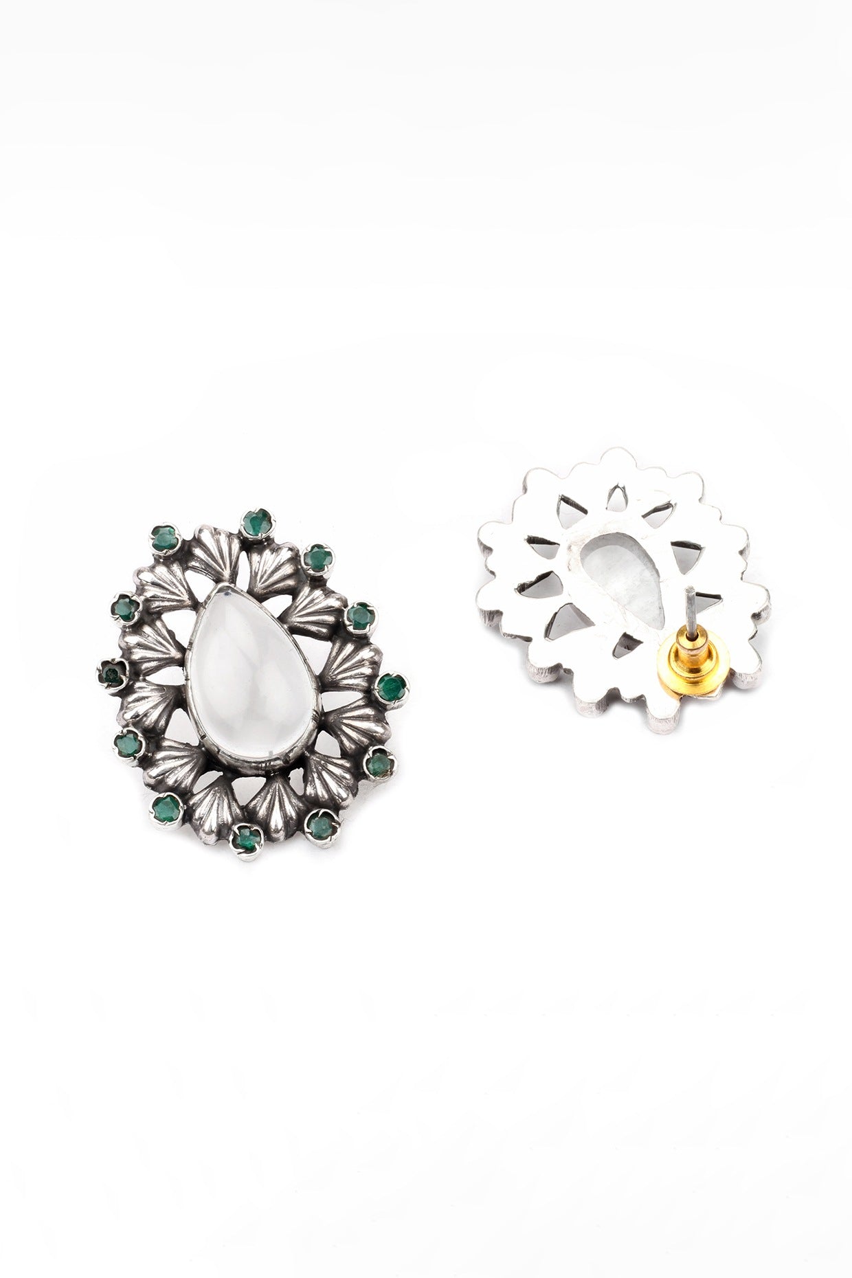 Silver Finish Emerald Gemstone & Onyx Stud Earrings In Sterling Silver