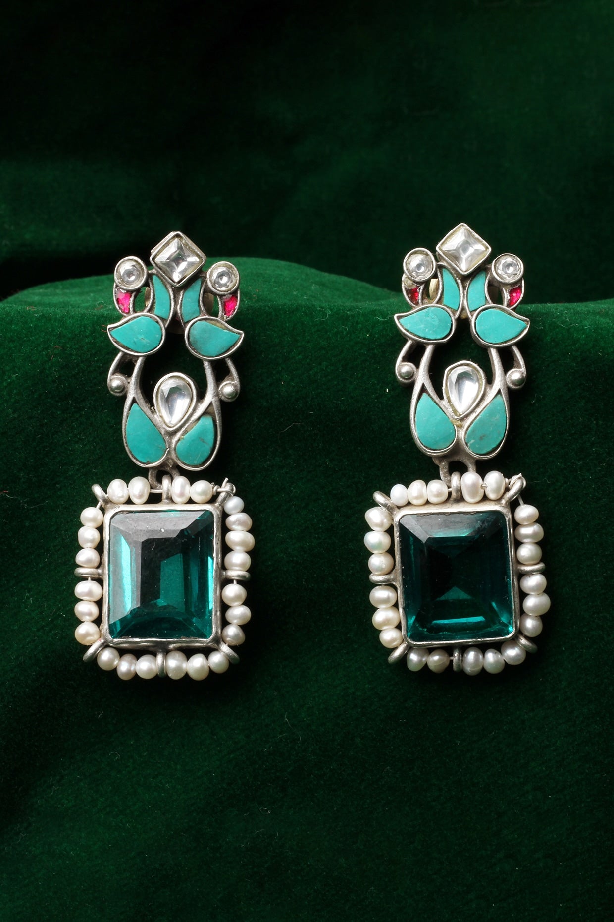 Silver Finish Kundan Polki & Blue Topaz Drop Earrings In Sterling Silver