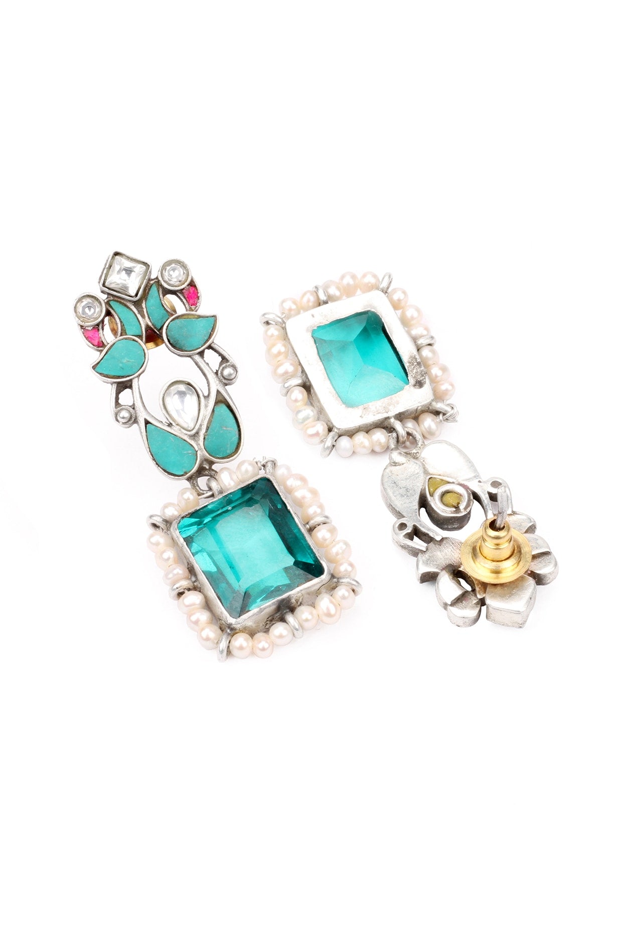 Silver Finish Kundan Polki & Blue Topaz Drop Earrings In Sterling Silver