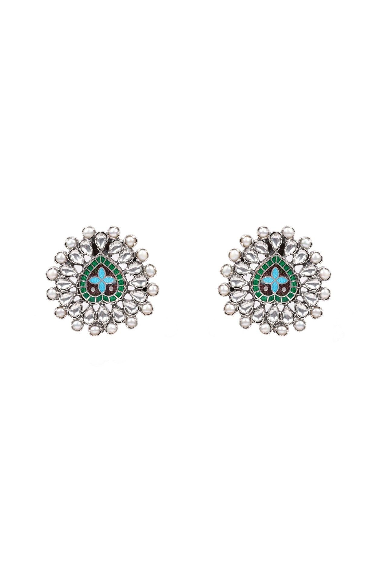 Silver Finish Kundan Polki Enameled Stud Earrings In Sterling Silver