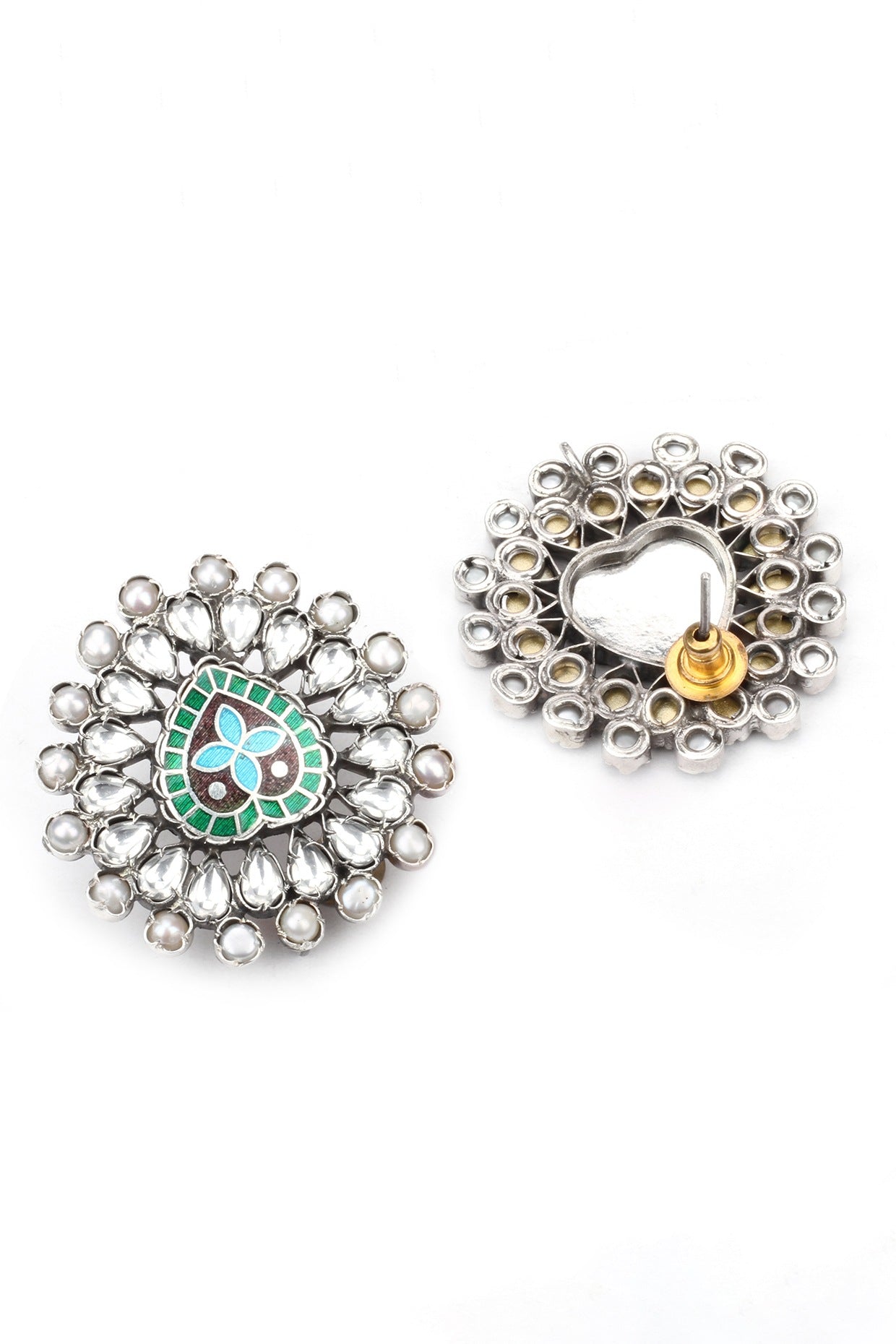 Silver Finish Kundan Polki Enameled Stud Earrings In Sterling Silver