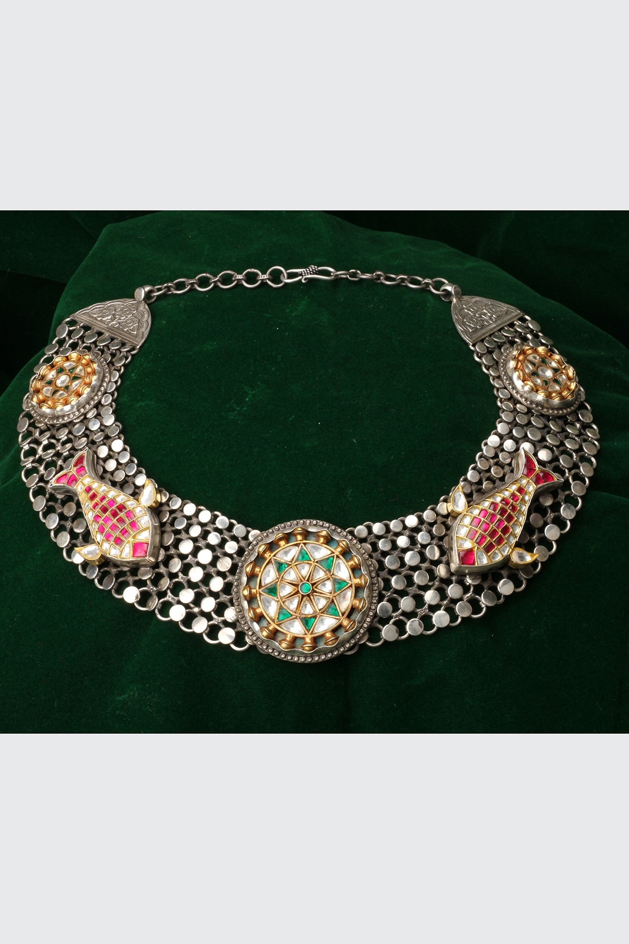 Silver Finish Kundan Polki Handcrafted Necklace In Sterling Silver