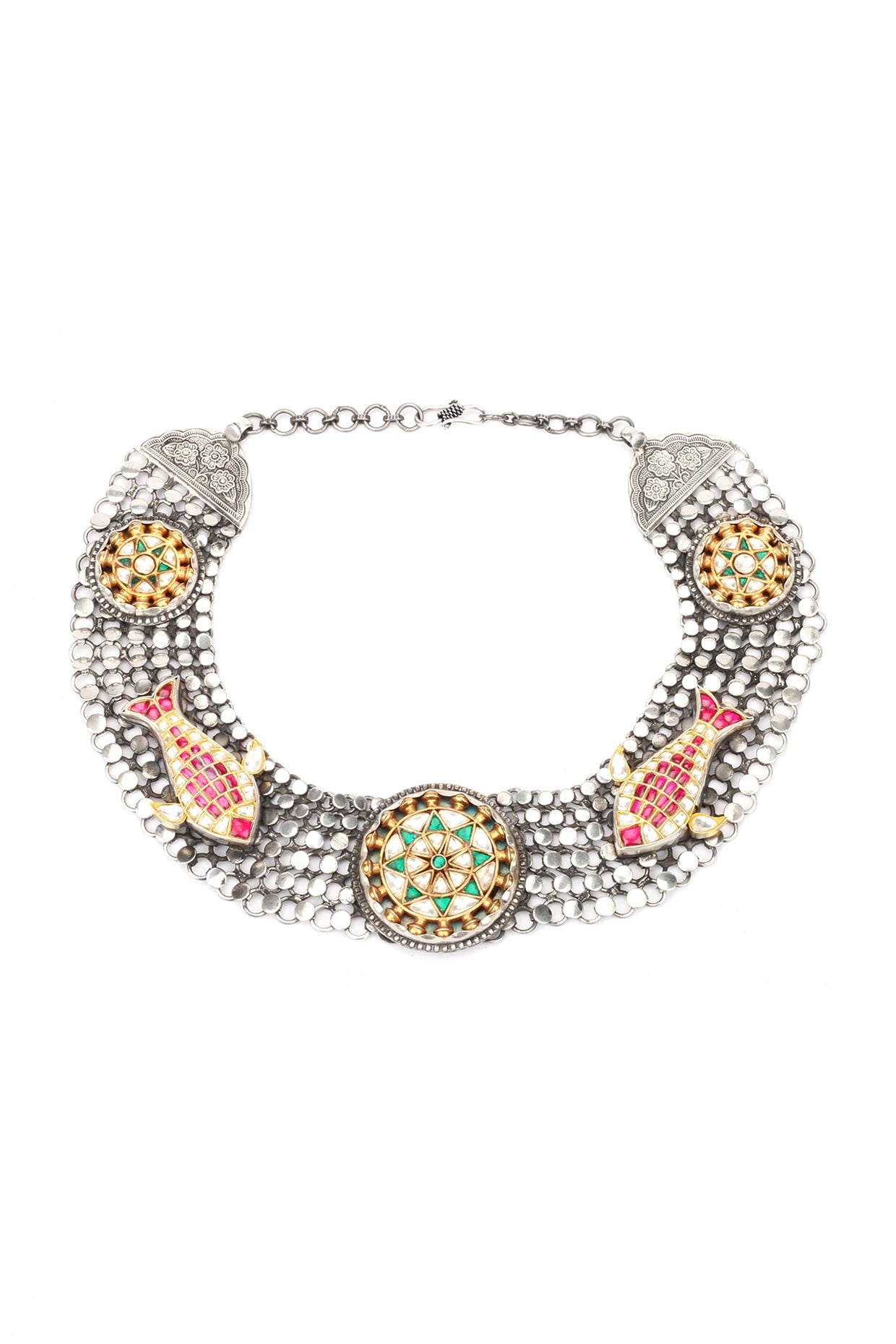 Silver Finish Kundan Polki Handcrafted Necklace In Sterling Silver