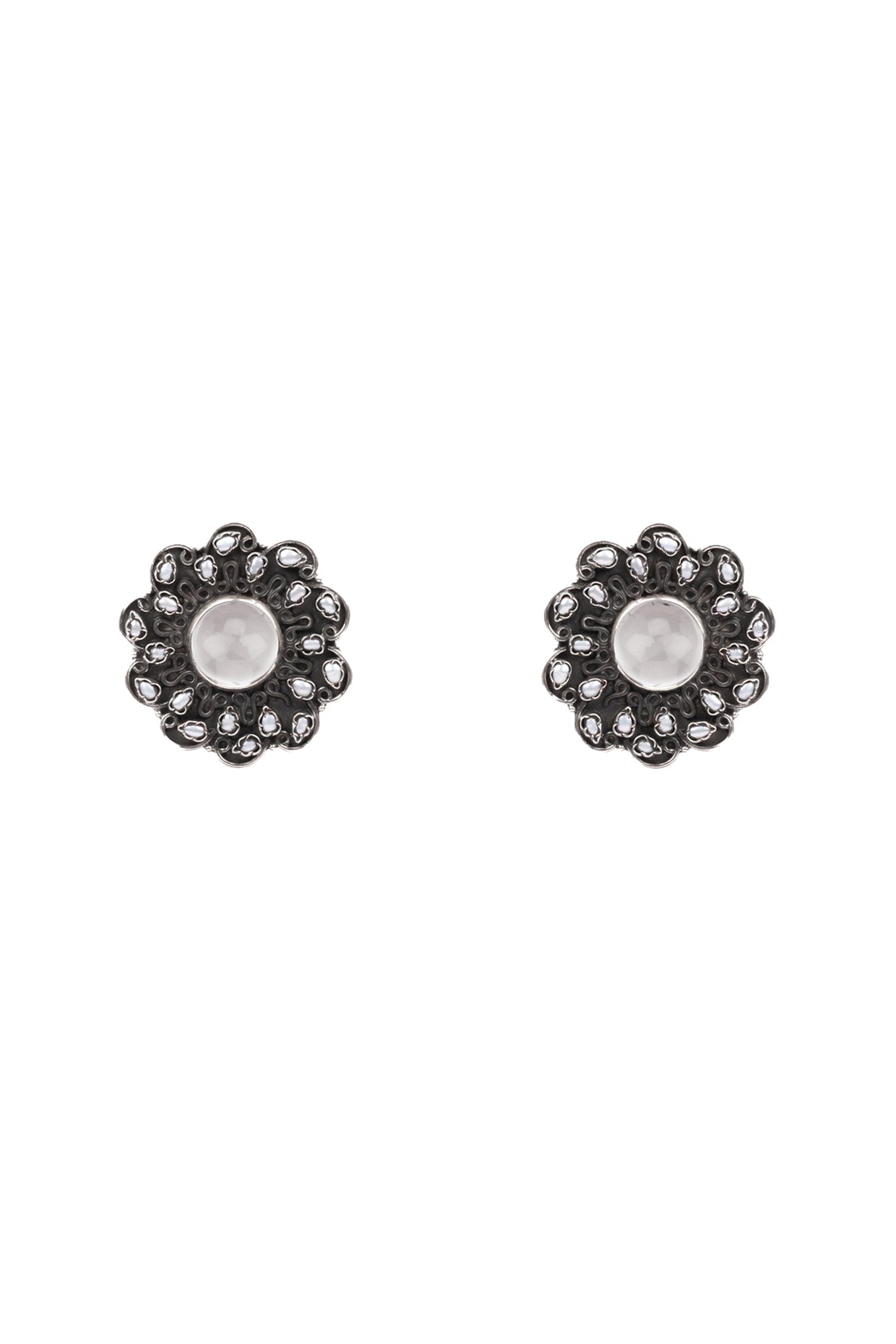 Oxidized Silver Finish Labradorite & Onyx Stud Earrings In Sterling Silver