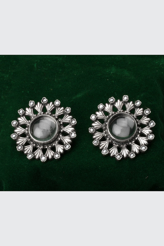 Oxidized Silver Finish White Stone & Onyx Stud Earrings In Sterling Silver