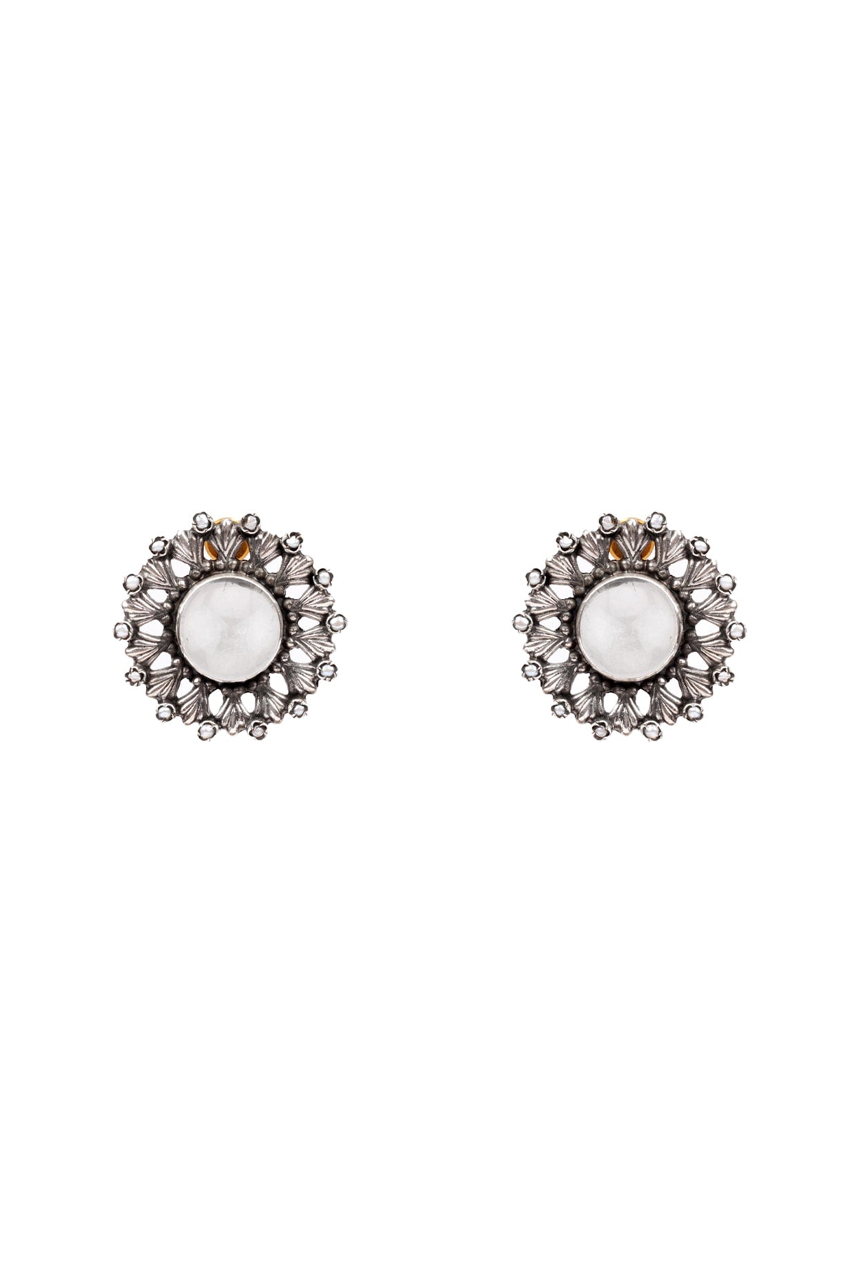 Oxidized Silver Finish White Stone & Onyx Stud Earrings In Sterling Silver