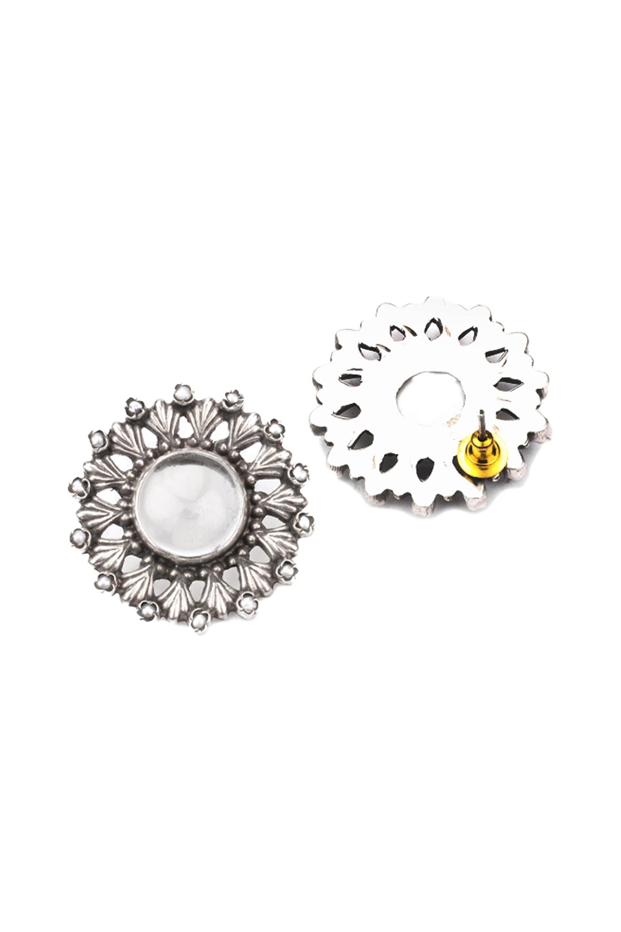 Oxidized Silver Finish White Stone & Onyx Stud Earrings In Sterling Silver