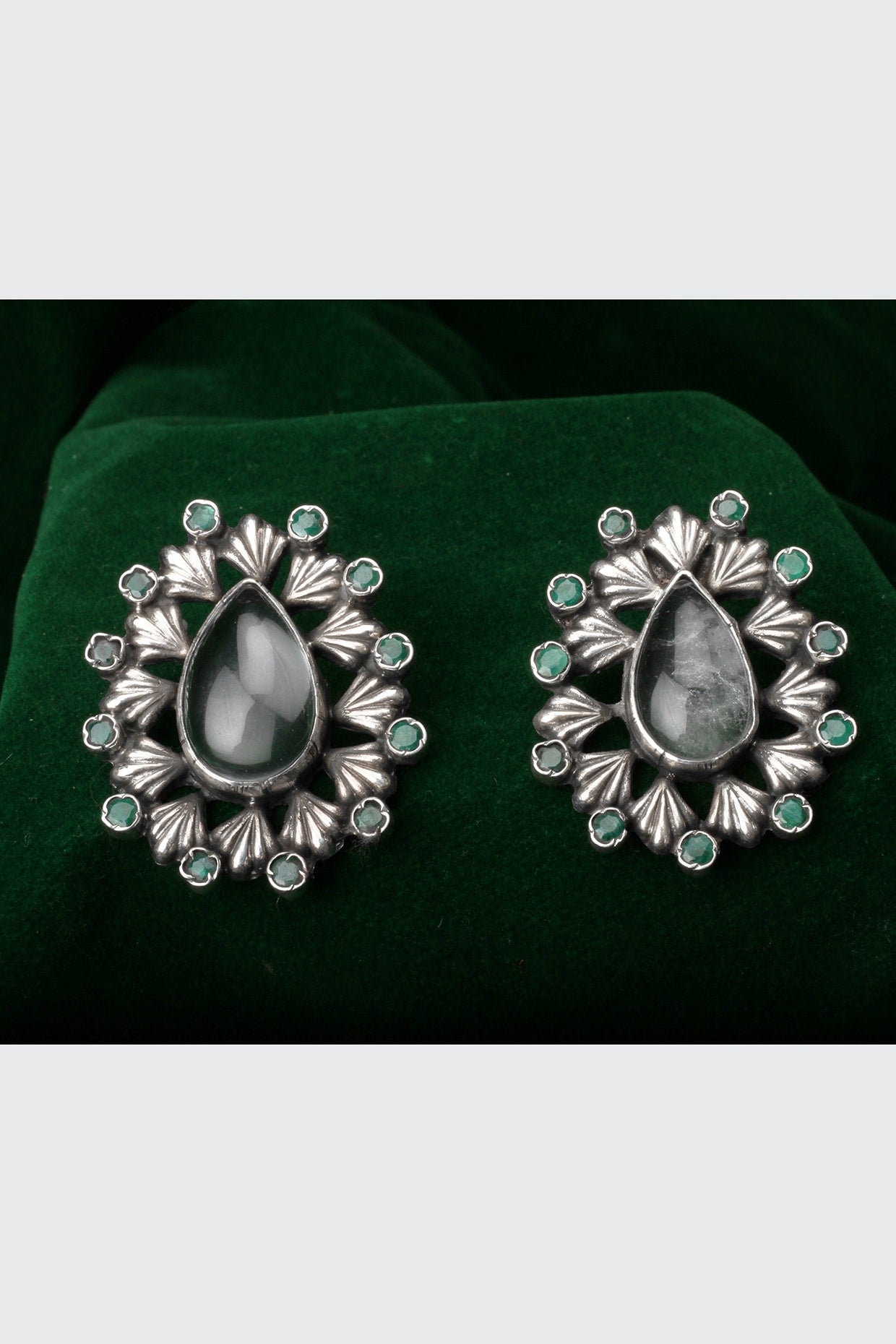 Silver Finish Labradorite & Emerald Stud Earrings In Sterling Silver