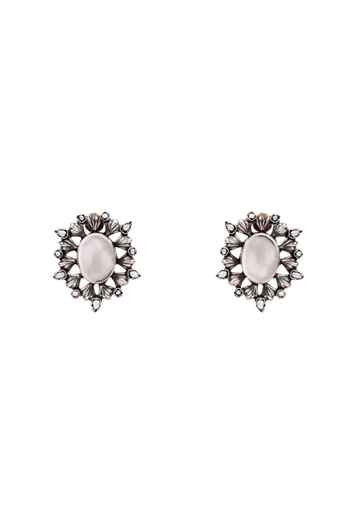 Oxidized Silver Finish Rose Quartz Stud Earrings In Sterling Silver