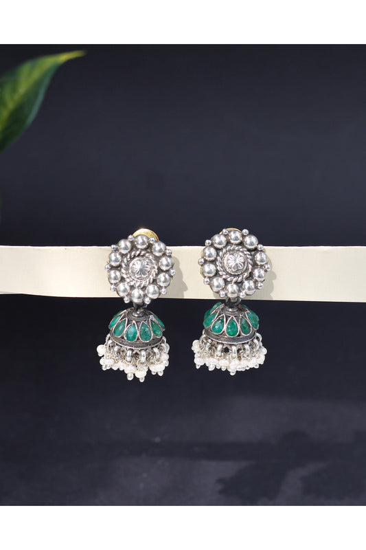 Silver Finish Green Gemstone Handcrafted Jhumka Earrings In Sterling Silver