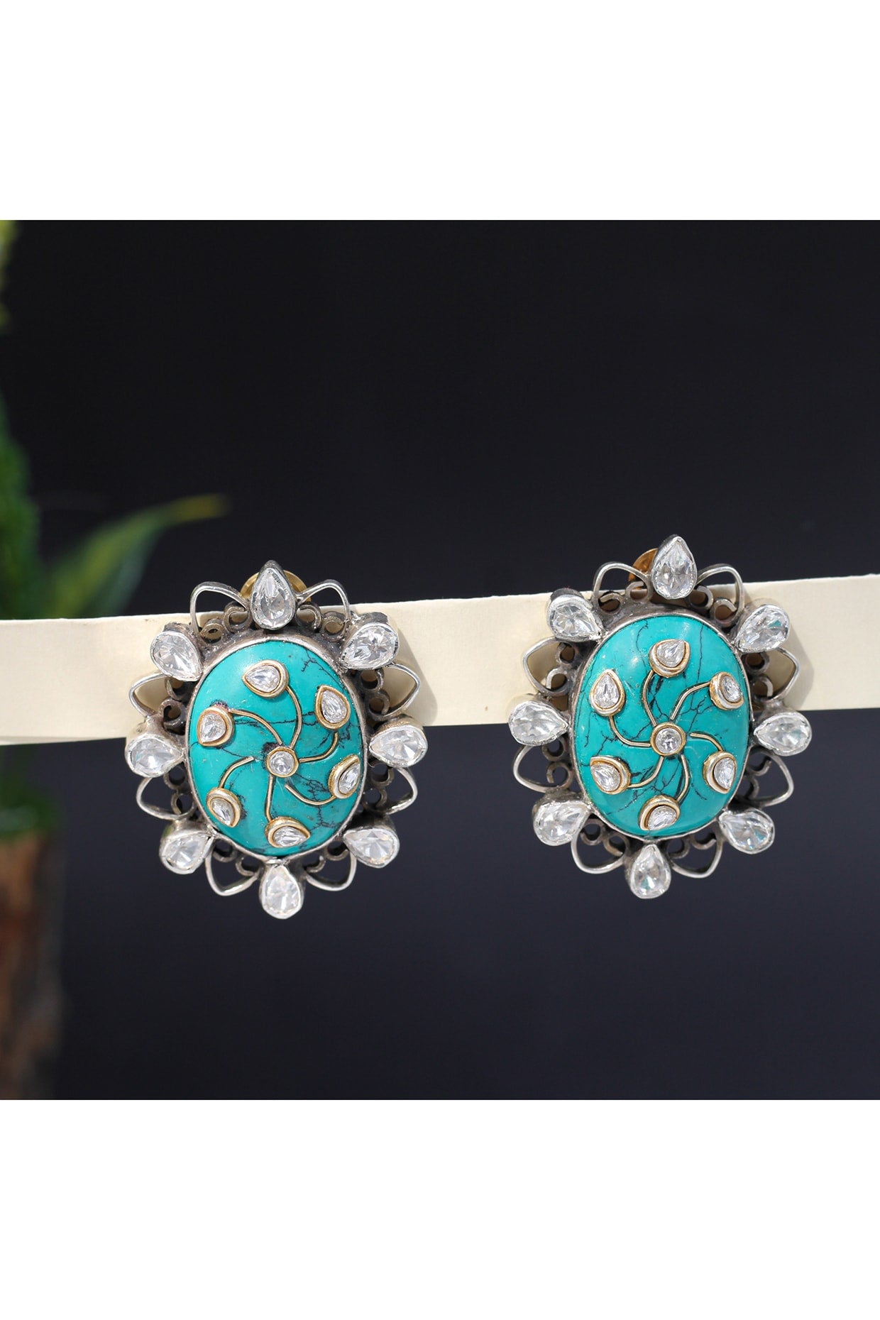 Silver Finish Turquoise Gemstone Handcrafted Stud Earrings In Sterling Silver