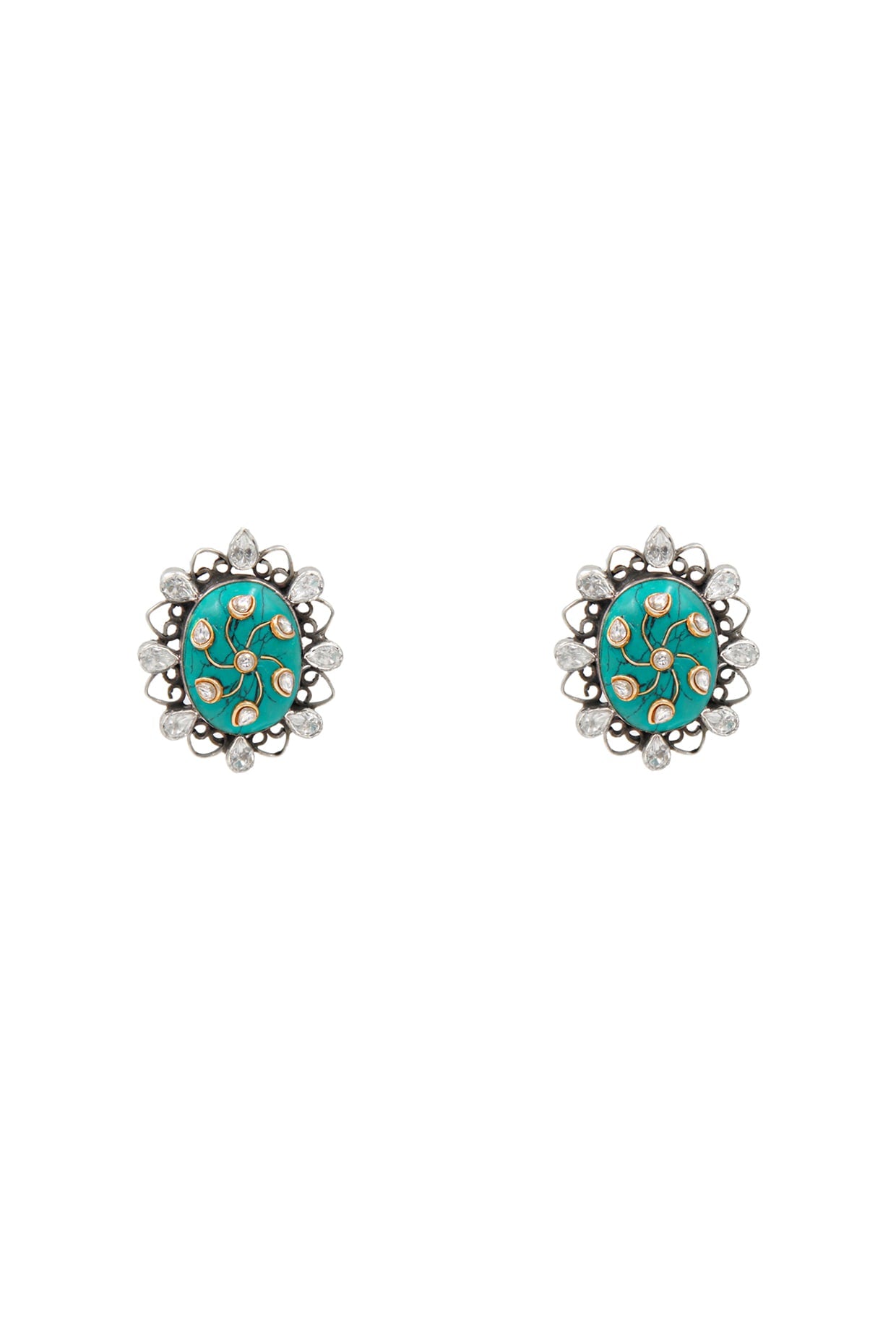 Silver Finish Turquoise Gemstone Handcrafted Stud Earrings In Sterling Silver