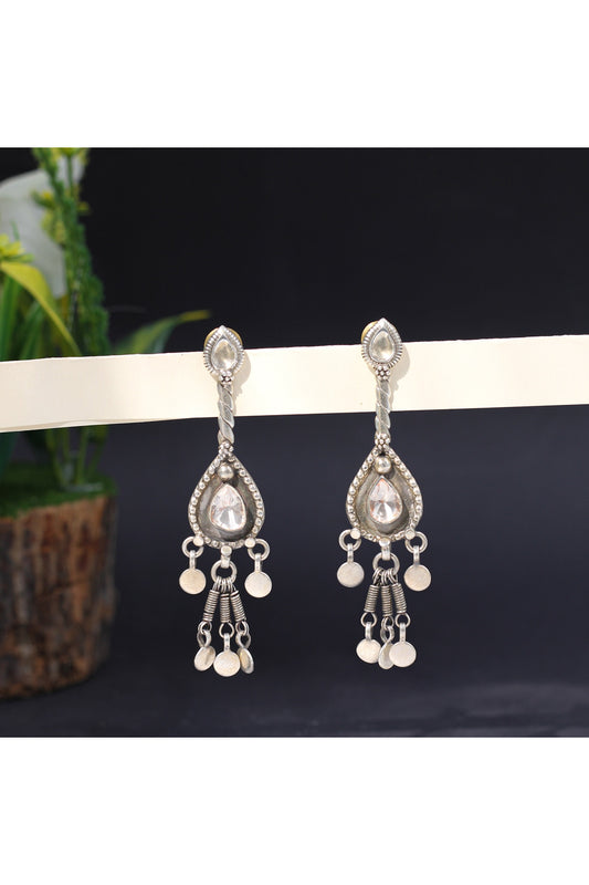 Silver Finish Moissanite Gemstone Handcrafted Dangler Earrings In Sterling Silver