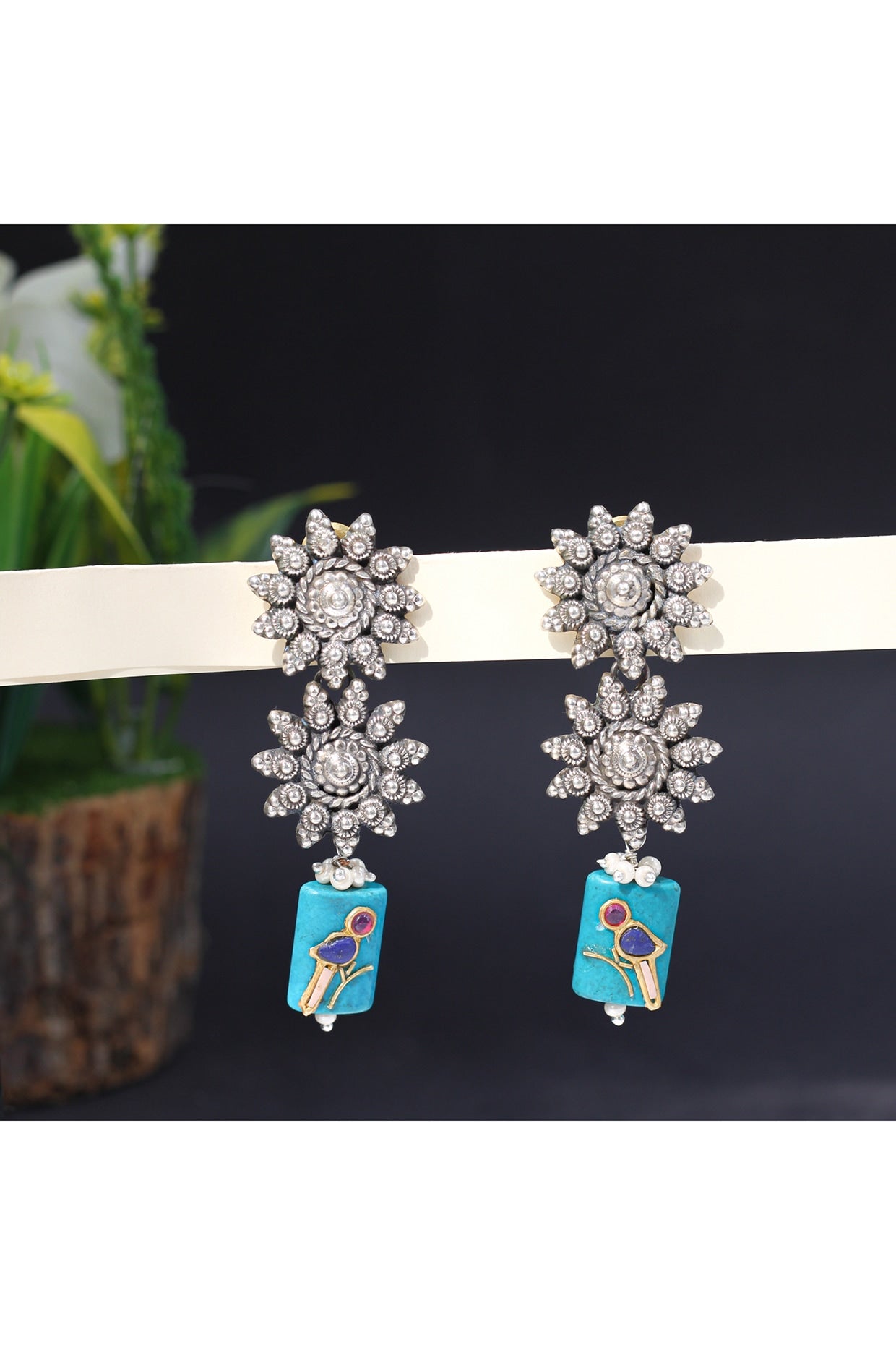 Silver Finish Feroza Stone Handcrafted Dangler Earrings In Sterling Silver