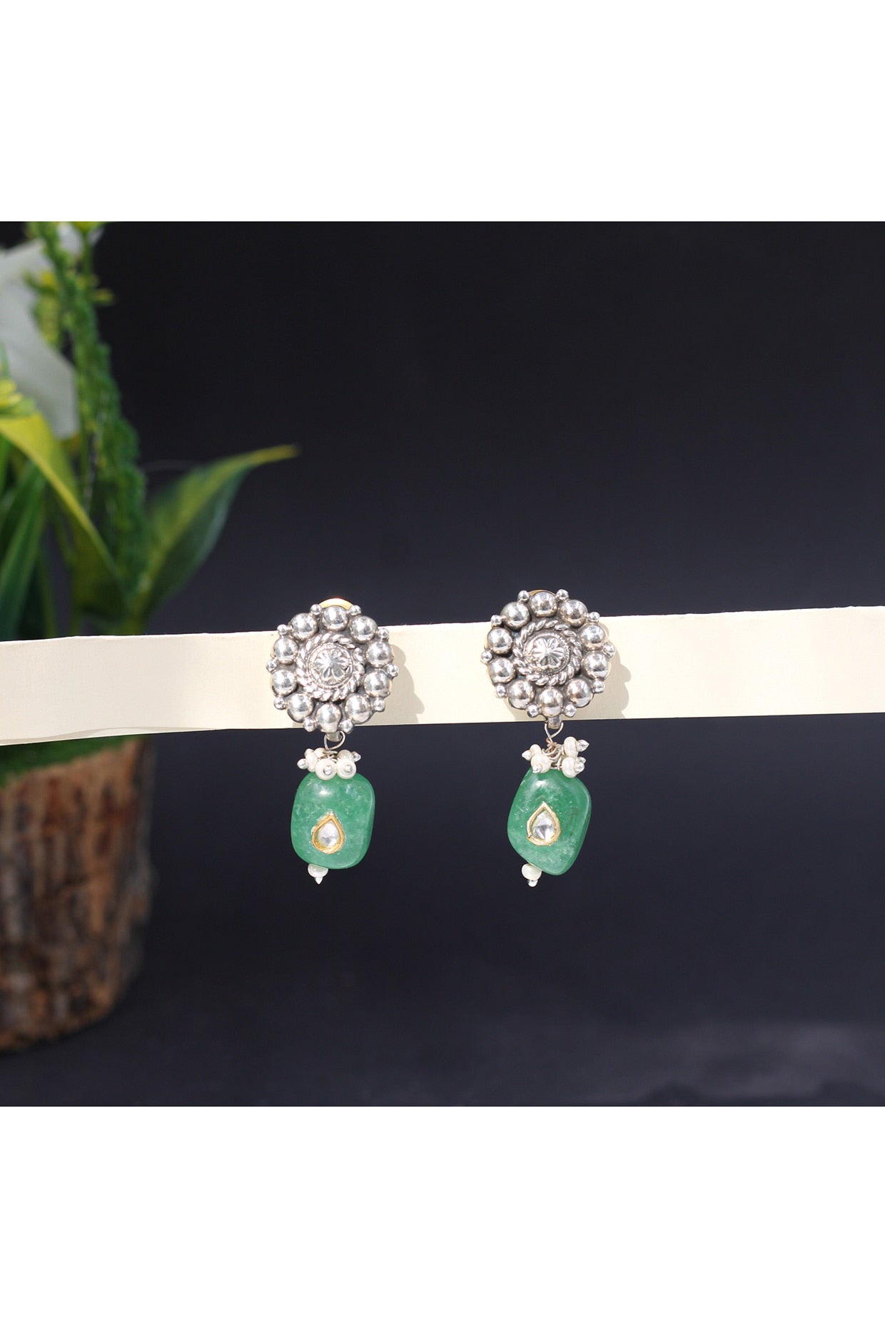 Silver Finish Jade Stone Handcrafted Dangler Earrings In Sterling Silver