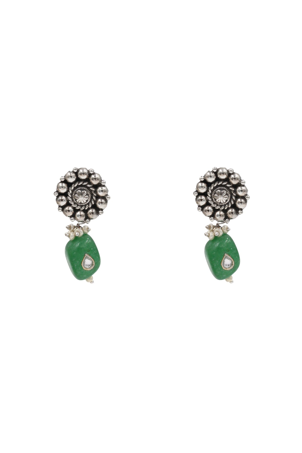 Silver Finish Jade Stone Handcrafted Dangler Earrings In Sterling Silver