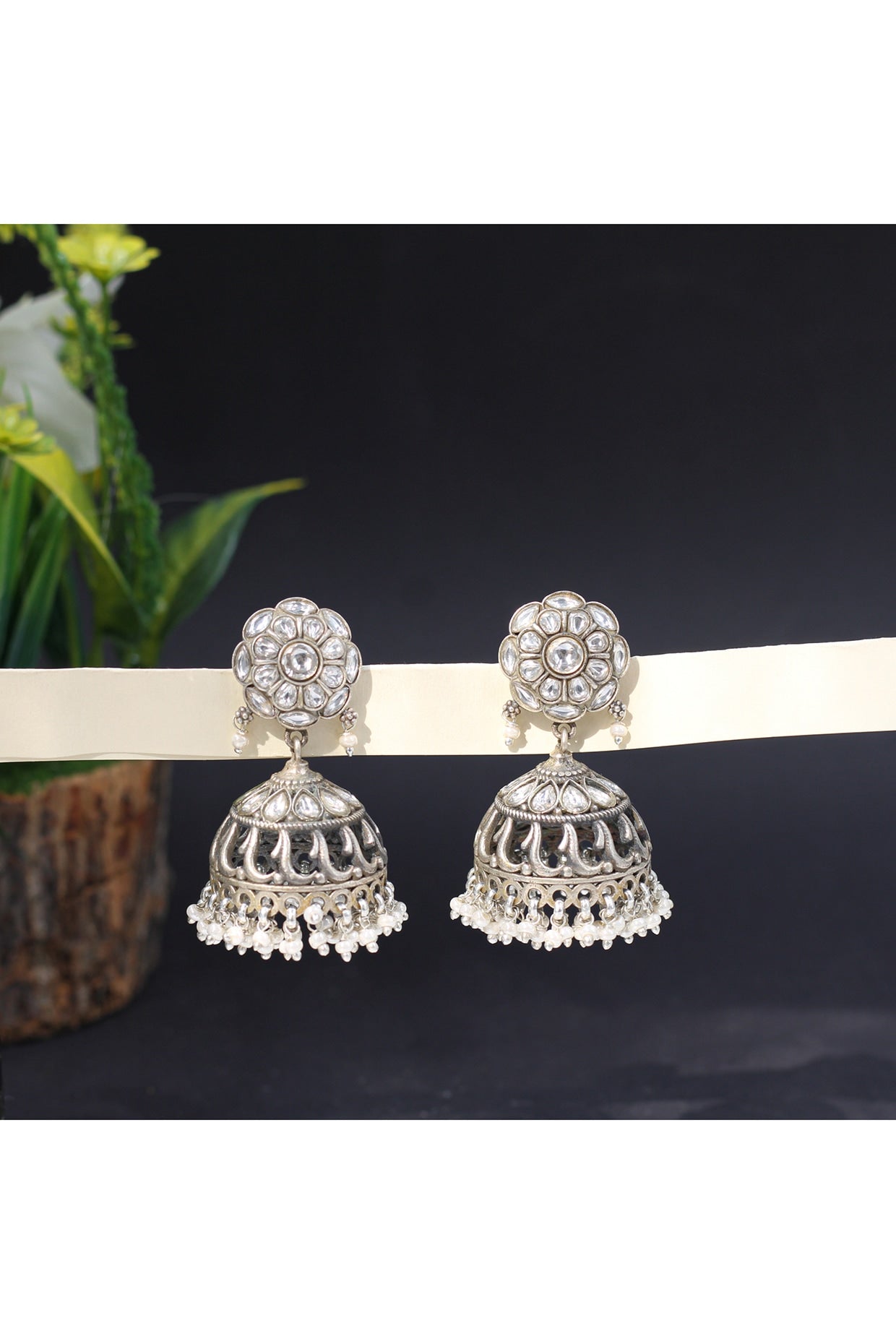 Silver Finish Kundan Polki Handcrafted Jhumka Earrings In Sterling Silver