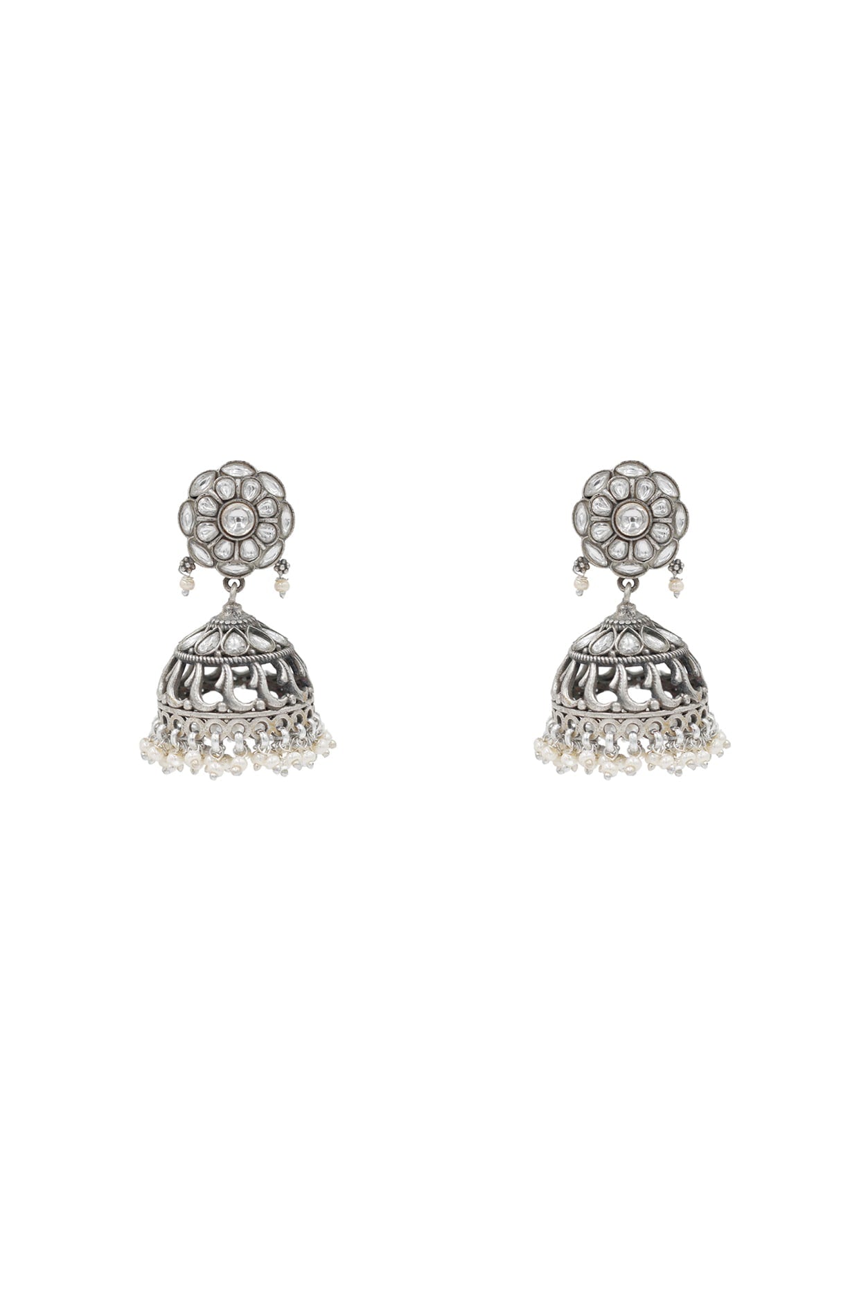 Silver Finish Kundan Polki Handcrafted Jhumka Earrings In Sterling Silver