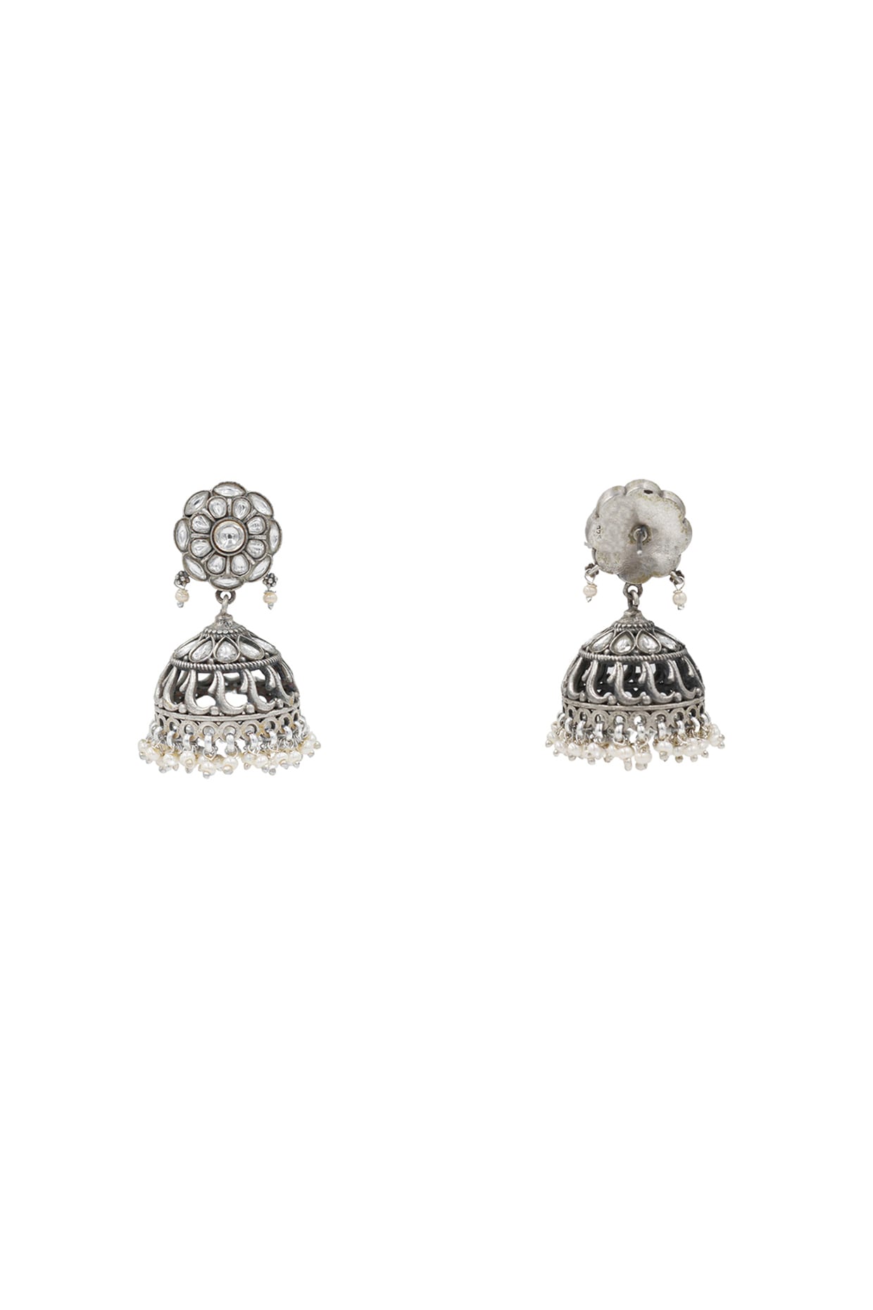 Silver Finish Kundan Polki Handcrafted Jhumka Earrings In Sterling Silver