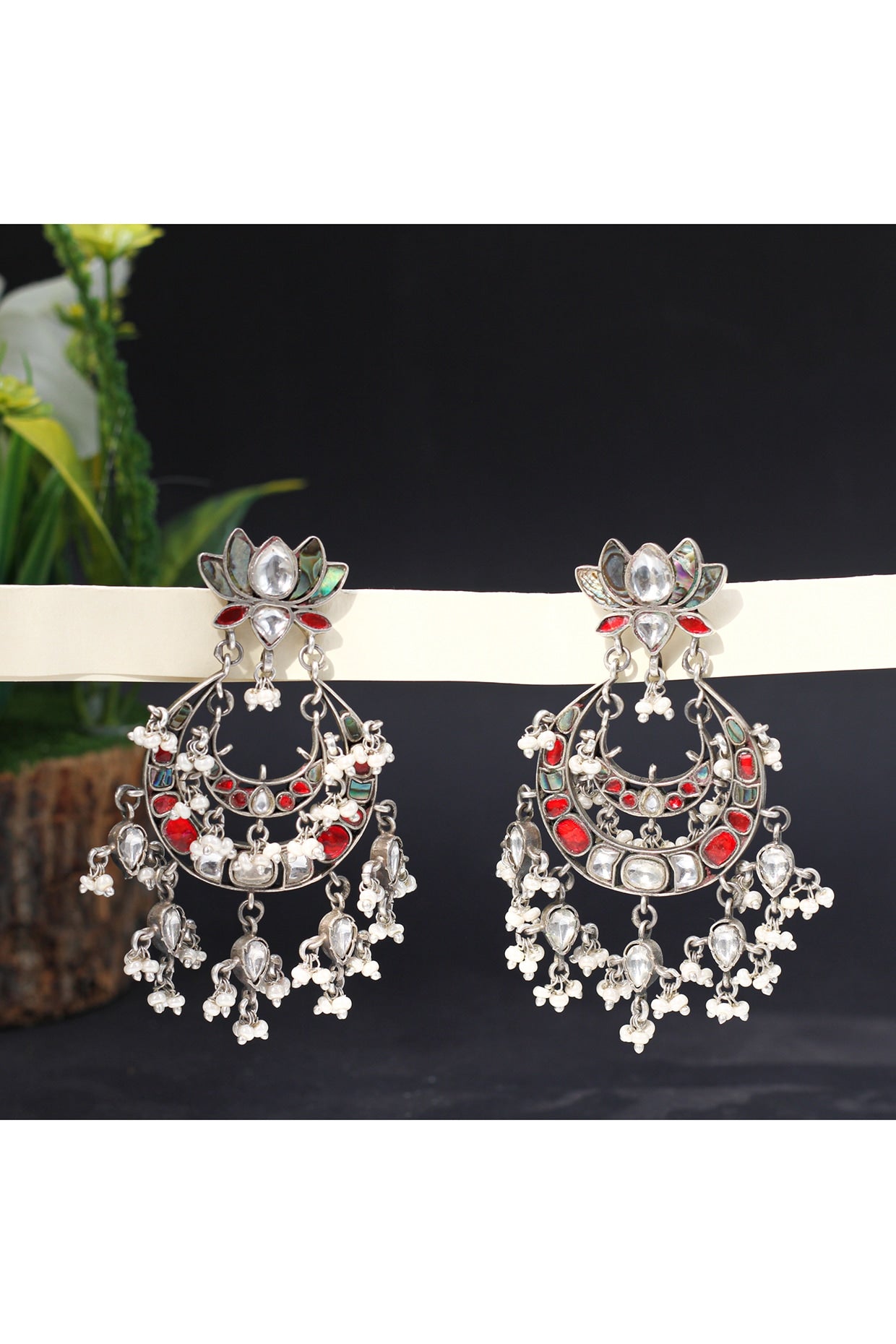 Silver Finish Kundan Polki Handcrafted Dangler Earrings In Sterling Silver