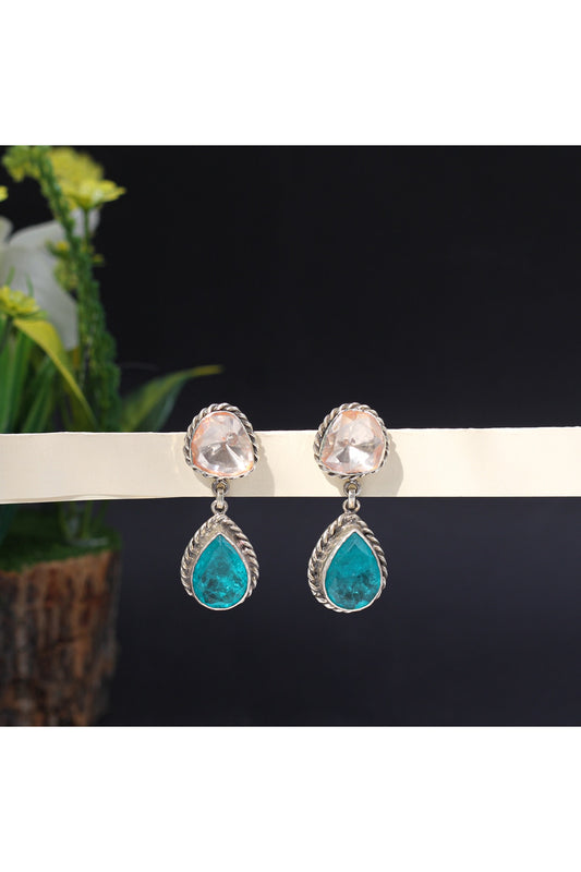 Silver Finish Aqua Moissanite Handcrafted Dangler Earrings In Sterling Silver