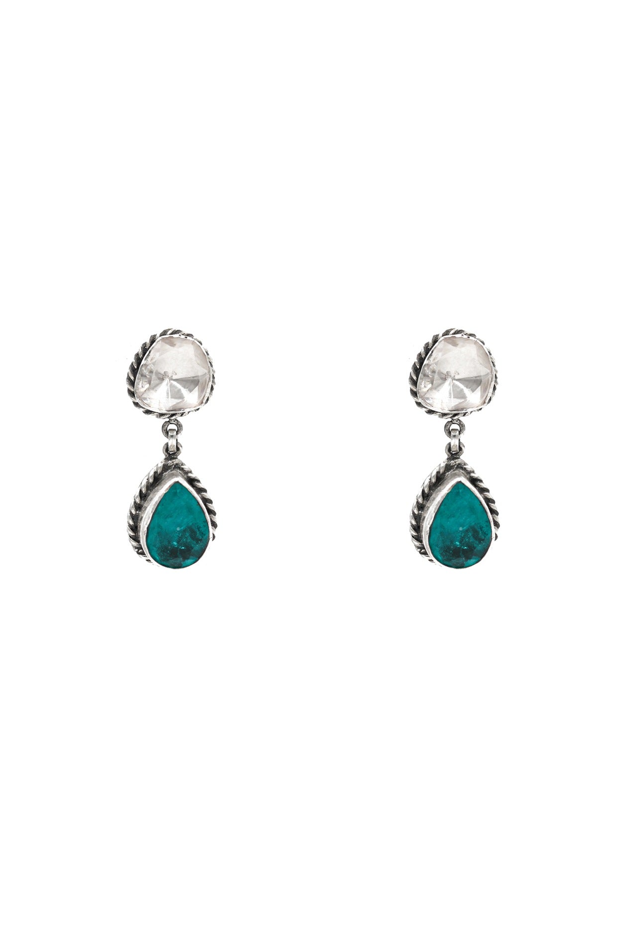 Silver Finish Aqua Moissanite Handcrafted Dangler Earrings In Sterling Silver