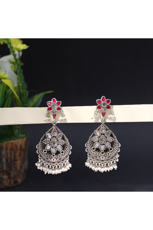 Silver Finish Kundan Polki Handcrafted Chandelier Earrings In Sterling Silver