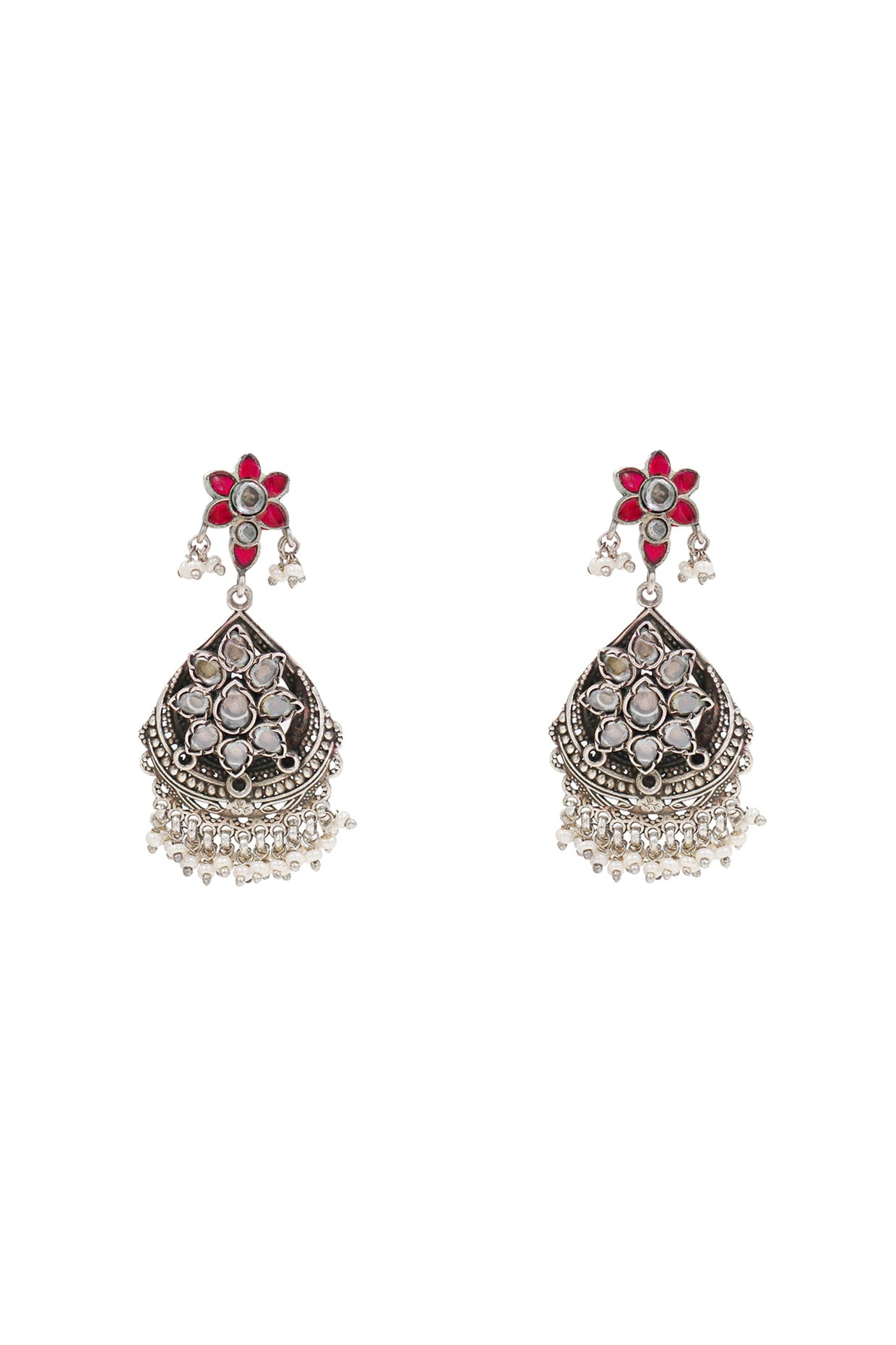 Silver Finish Kundan Polki Handcrafted Chandelier Earrings In Sterling Silver