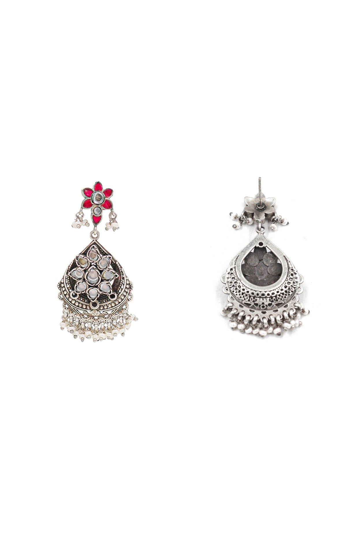 Silver Finish Kundan Polki Handcrafted Chandelier Earrings In Sterling Silver