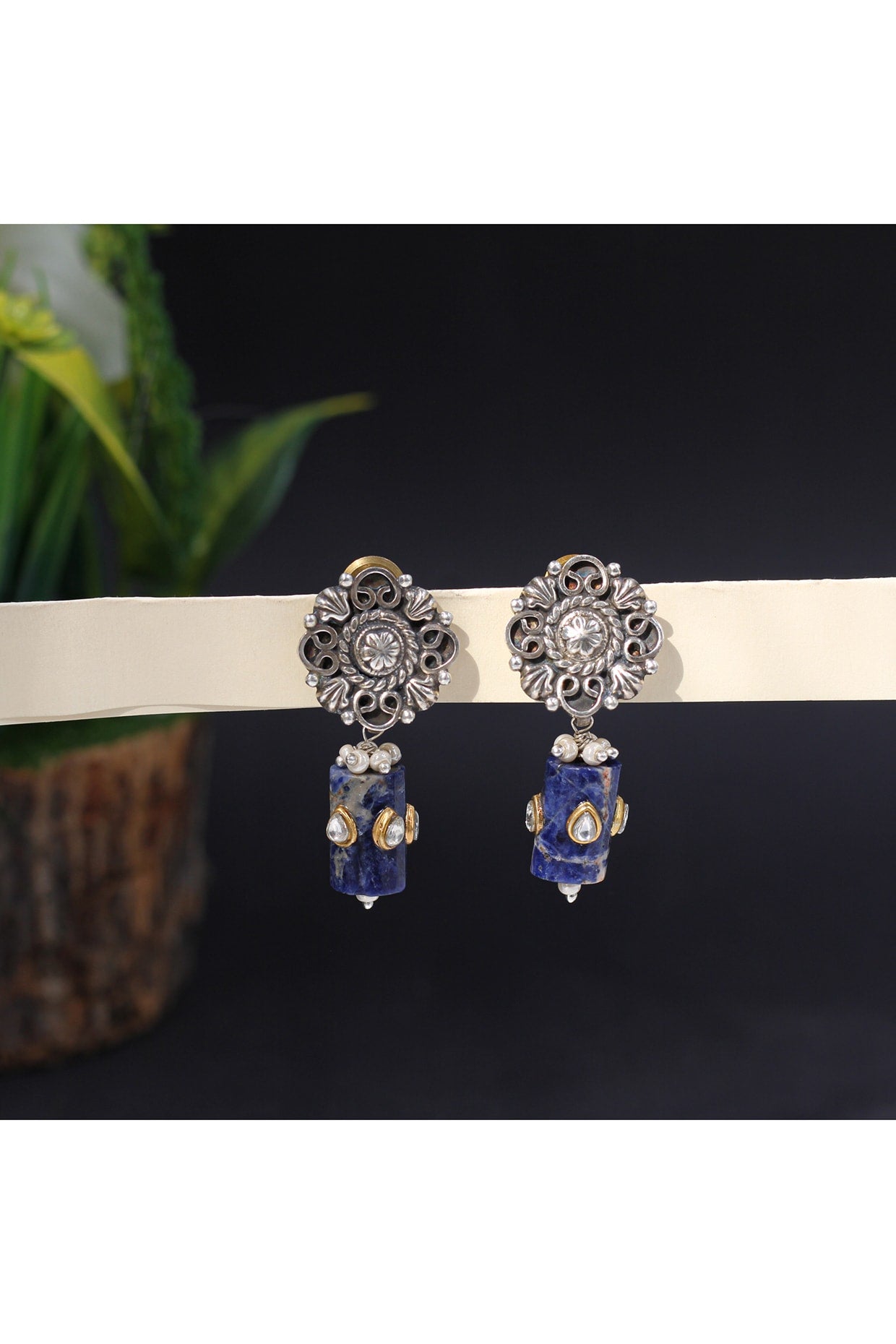 Silver Finish Lapis Stone Handcrafted Dangler Earrings In Sterling Silver