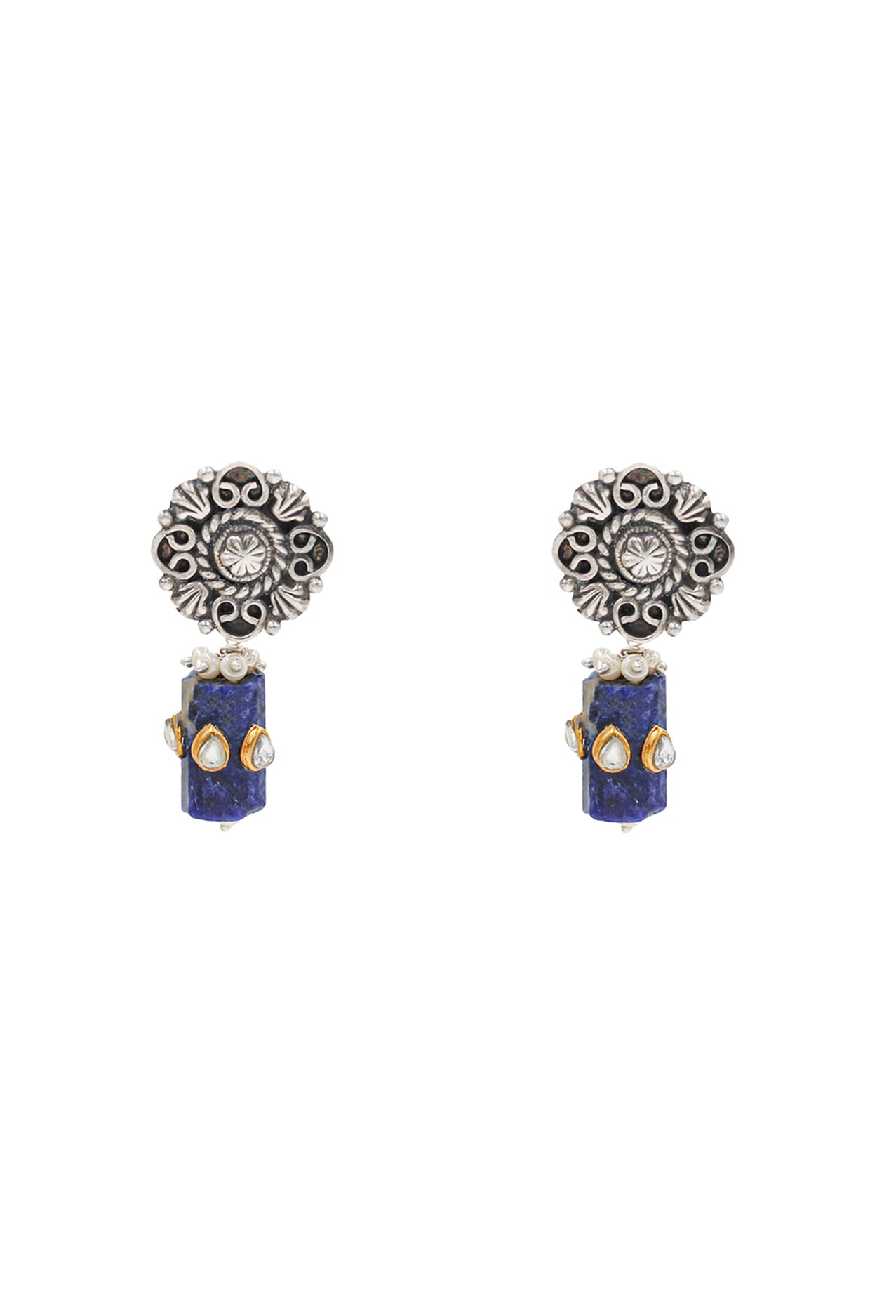 Silver Finish Lapis Stone Handcrafted Dangler Earrings In Sterling Silver