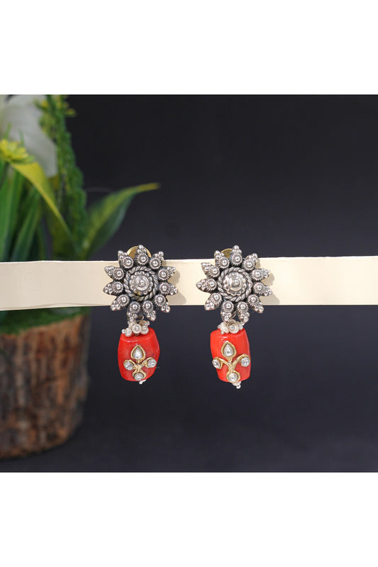 Silver Finish Coral Stone Handcrafted Dangler Earrings In Sterling Silver