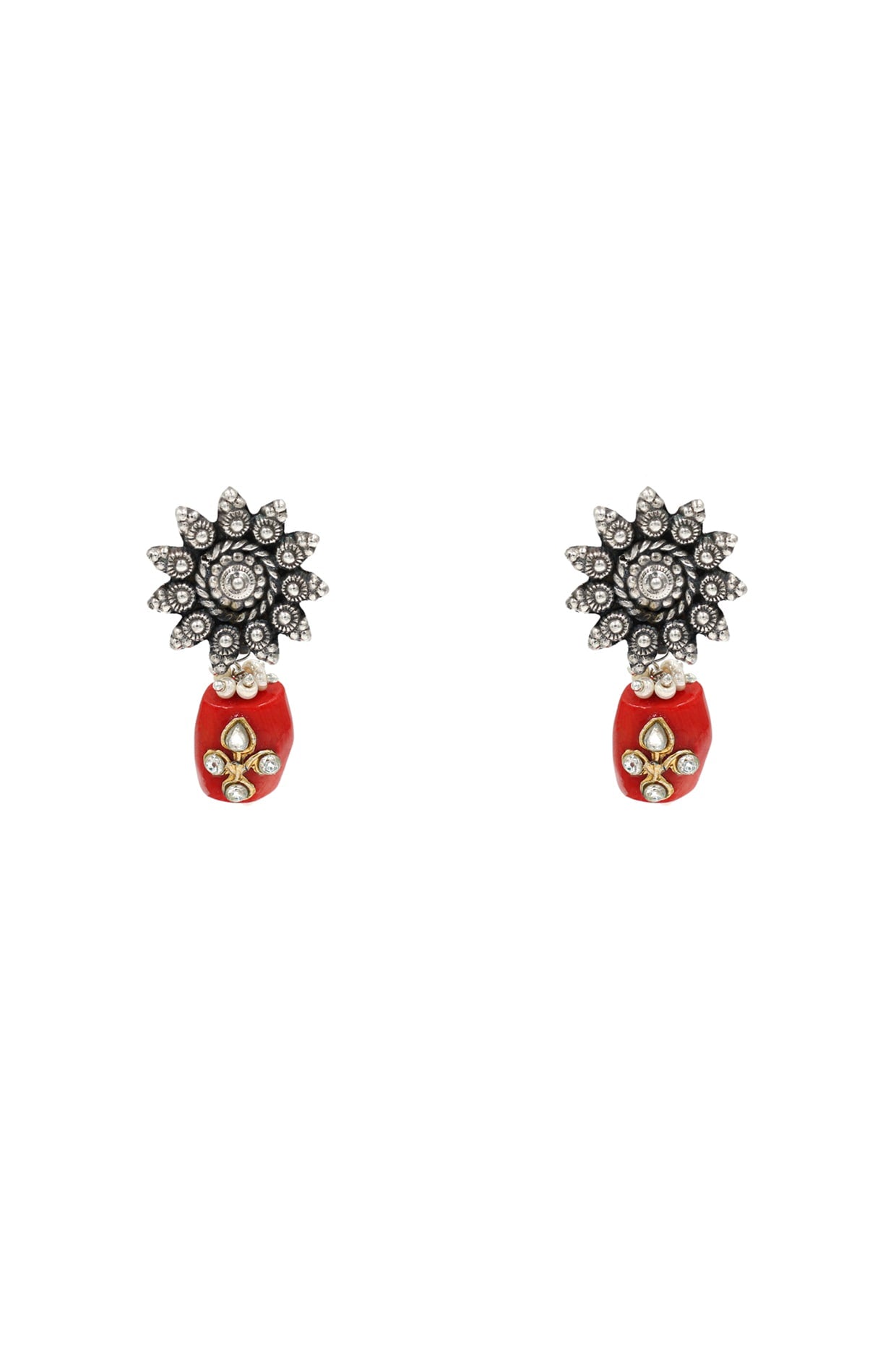 Silver Finish Coral Stone Handcrafted Dangler Earrings In Sterling Silver