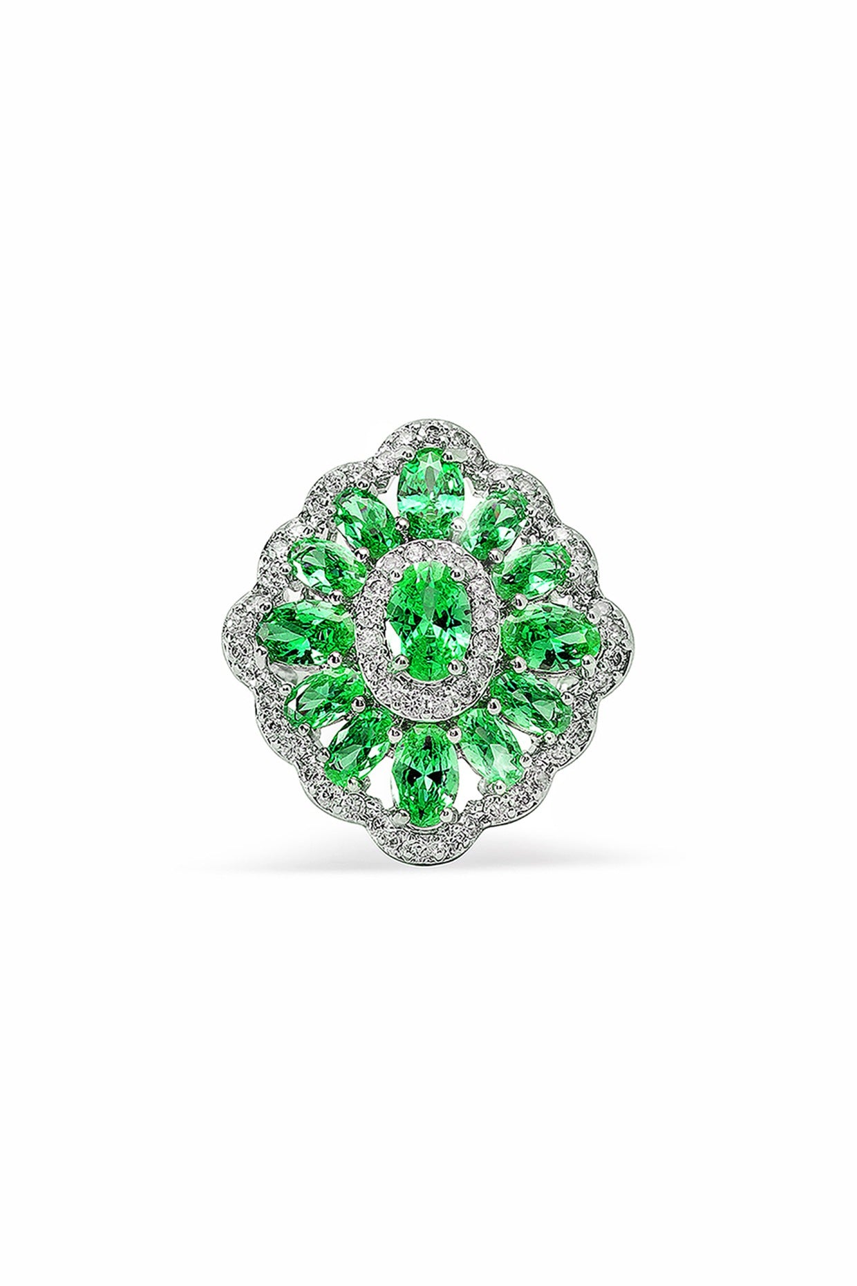 Silver Finish Zircon & Emerald Ring