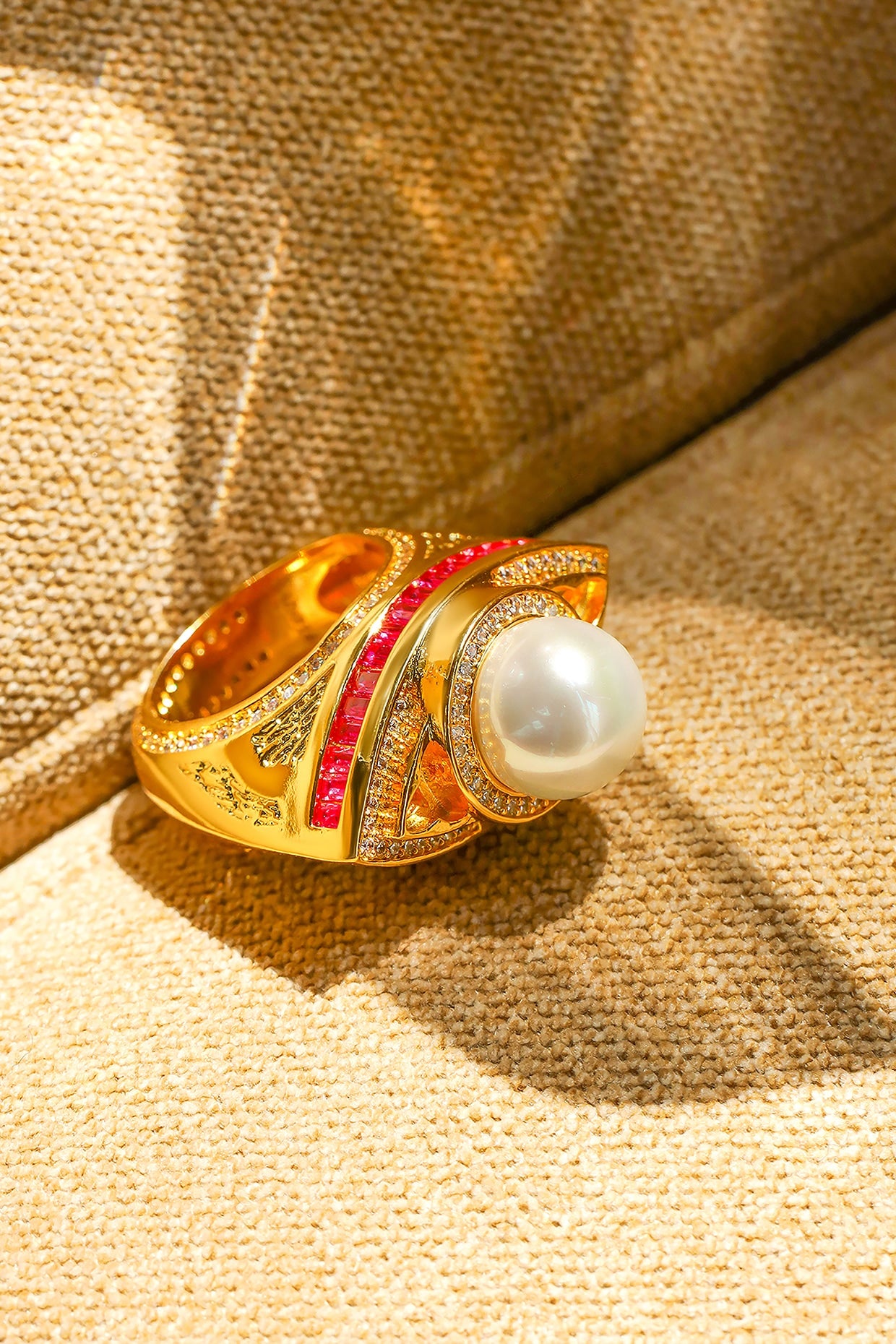 Yellow Gold Plated Zircon & Pearl Ring