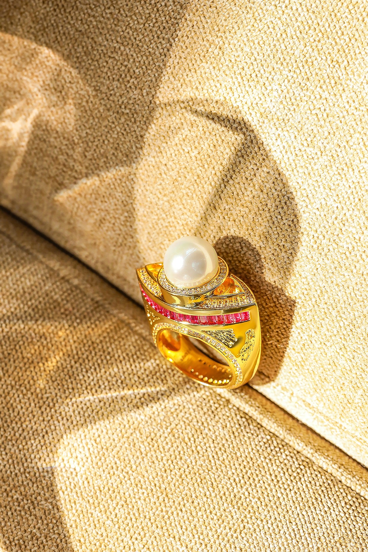 Yellow Gold Plated Zircon & Pearl Ring