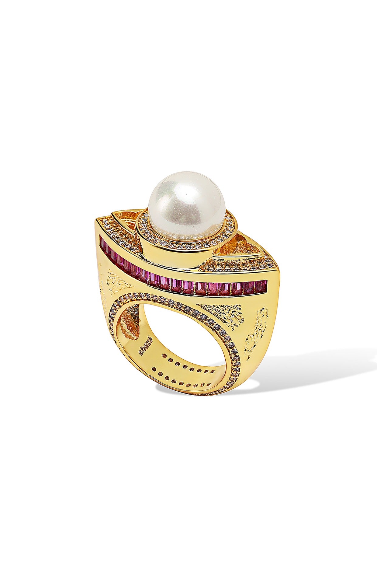 Yellow Gold Plated Zircon & Pearl Ring