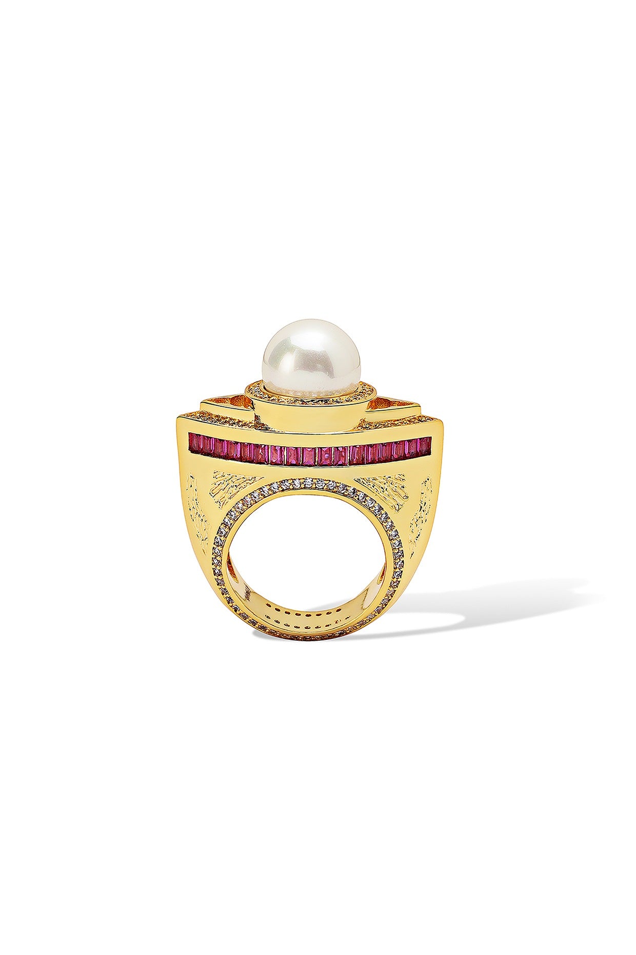 Yellow Gold Plated Zircon & Pearl Ring