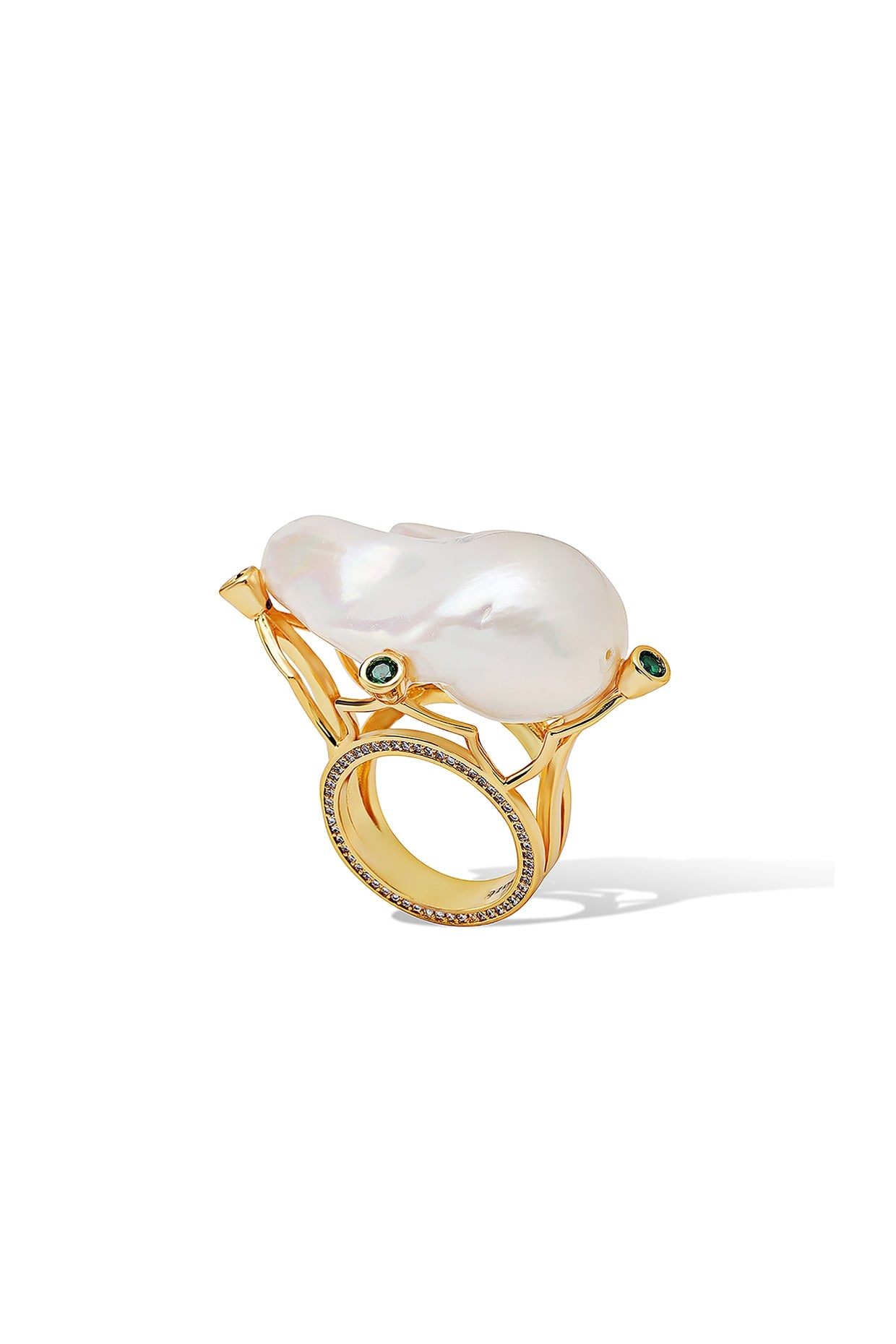 Yellow Gold Plated Zircon & Pearl Ring