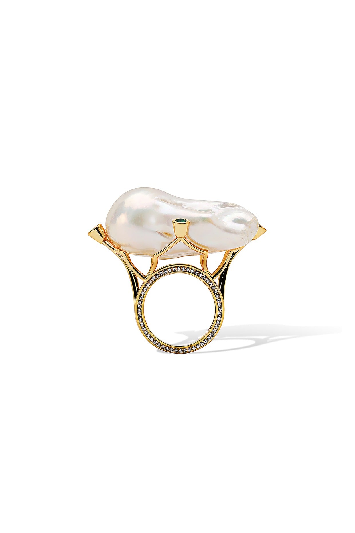 Yellow Gold Plated Zircon & Pearl Ring