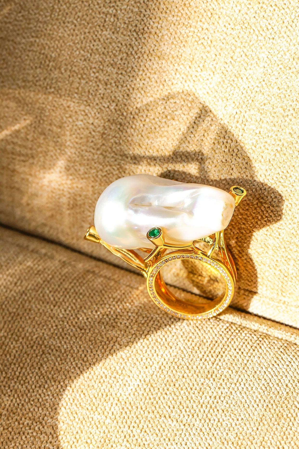 Yellow Gold Plated Zircon & Pearl Ring