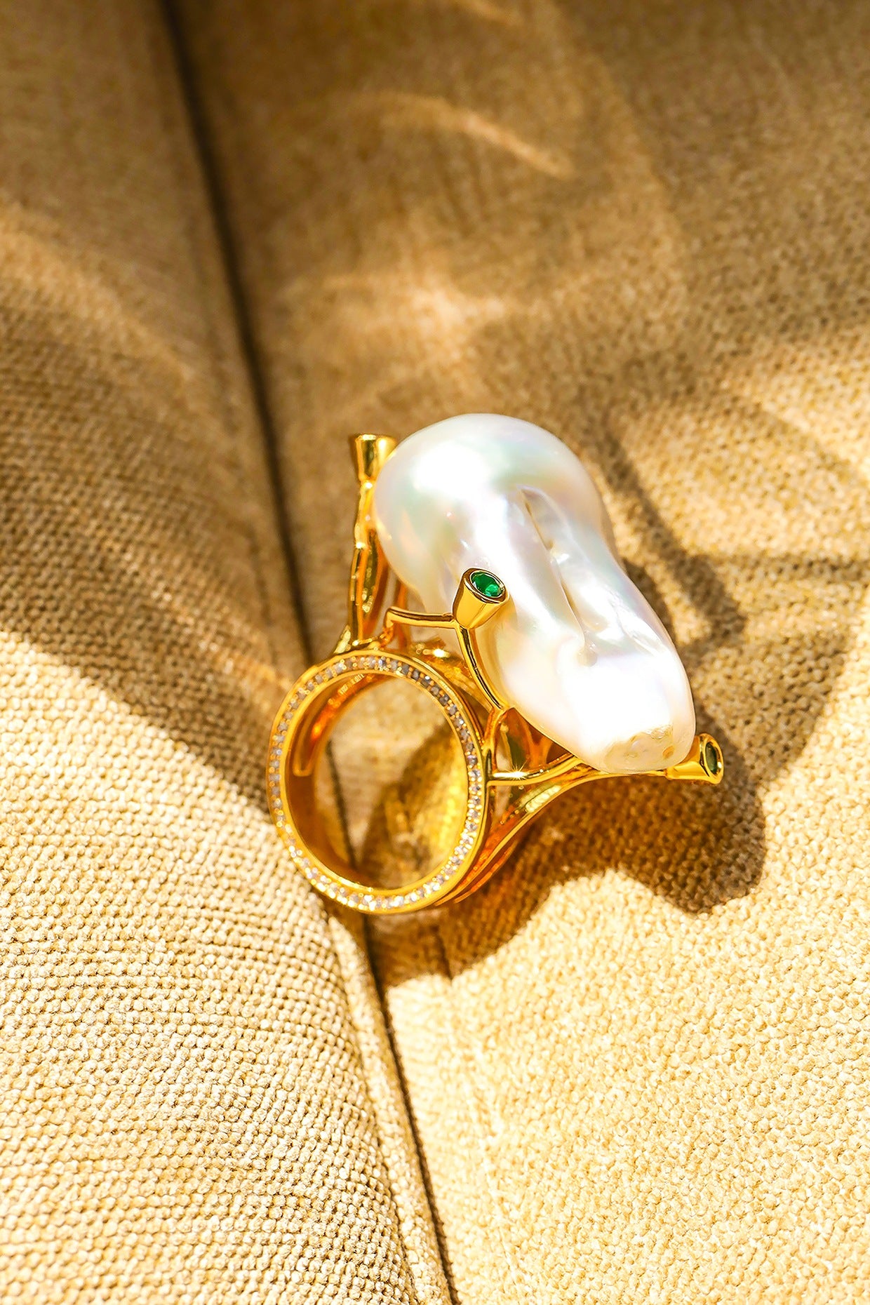 Yellow Gold Plated Zircon & Pearl Ring