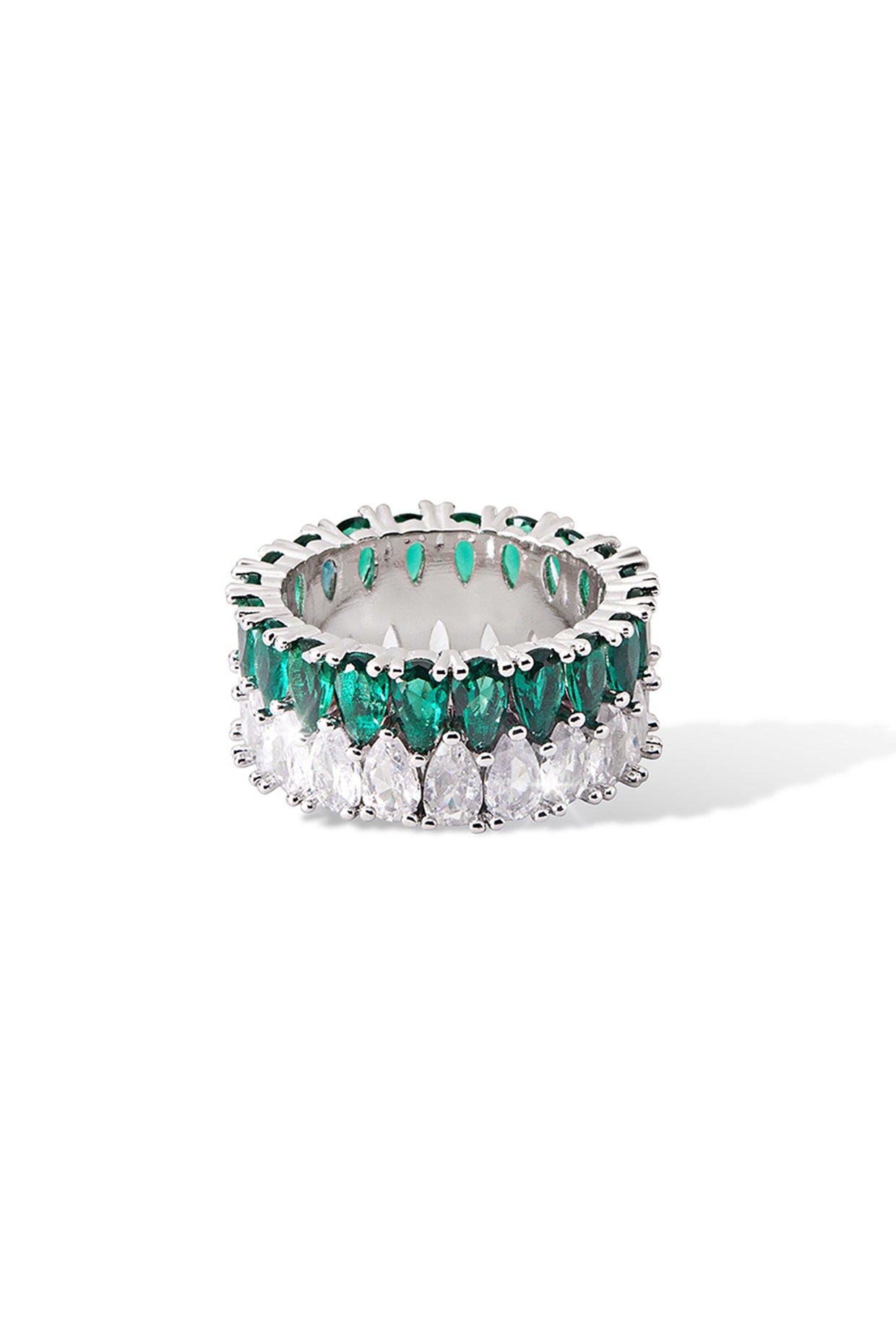 Silver Finish Zircon & Emerald Green Synthetic Stone Ring