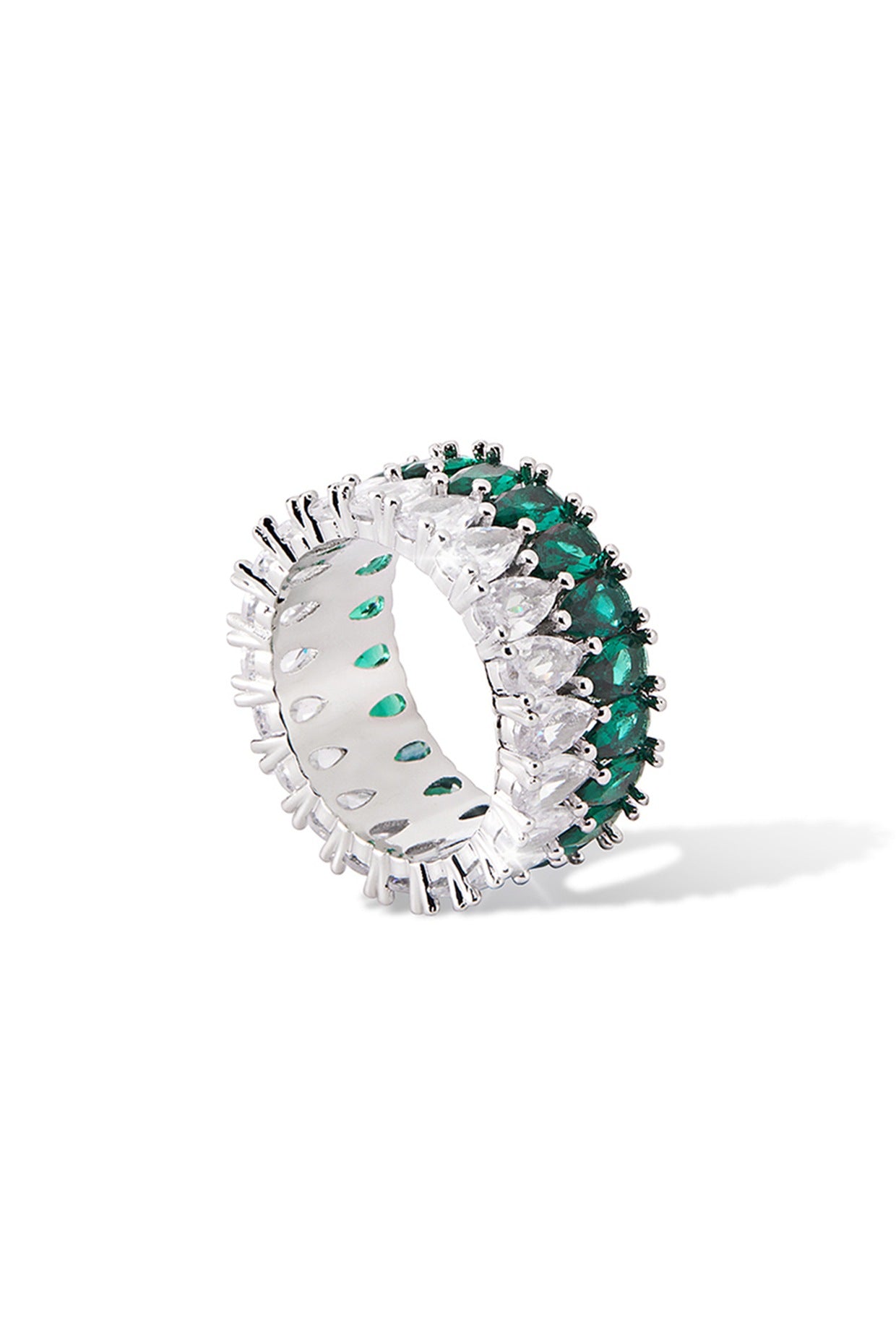 Silver Finish Zircon & Emerald Green Synthetic Stone Ring