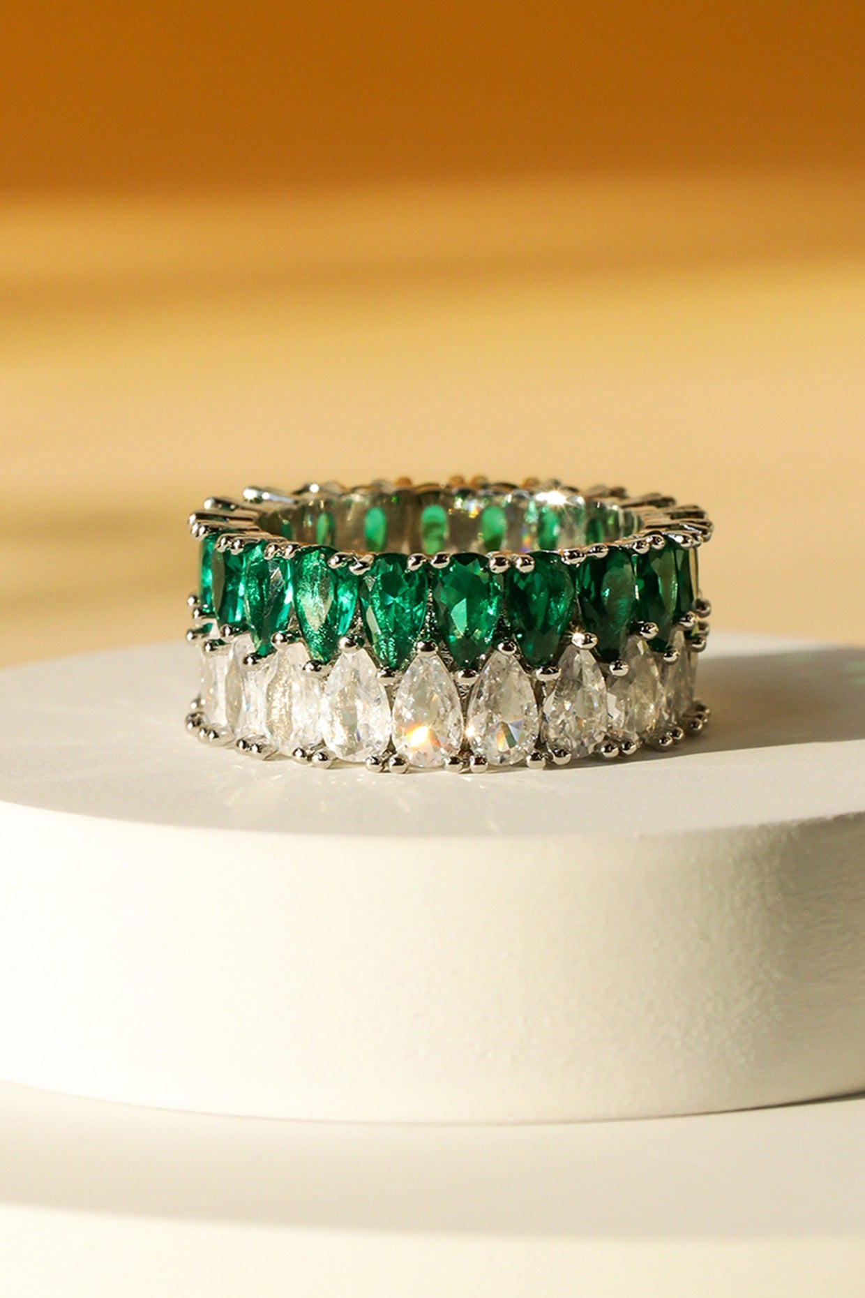 Silver Finish Zircon & Emerald Green Synthetic Stone Ring