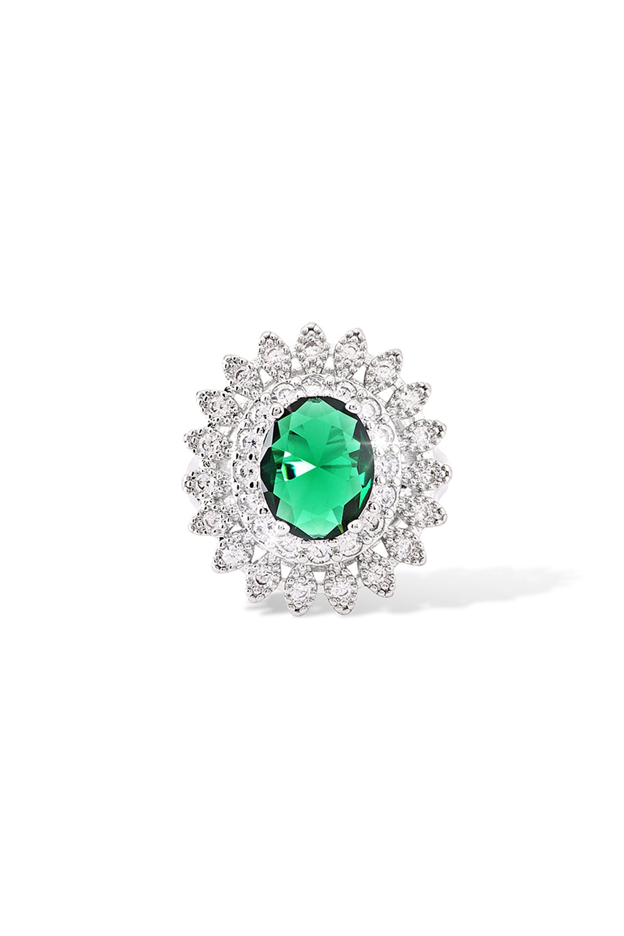 Silver Finish Zircon & Emerald Green Synthetic Stone Ring