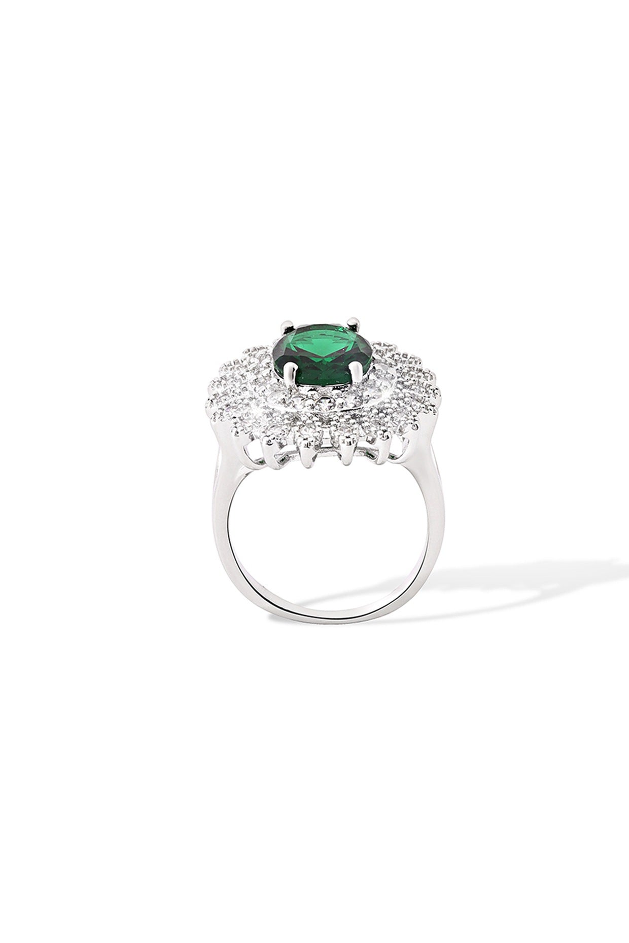 Silver Finish Zircon & Emerald Green Synthetic Stone Ring