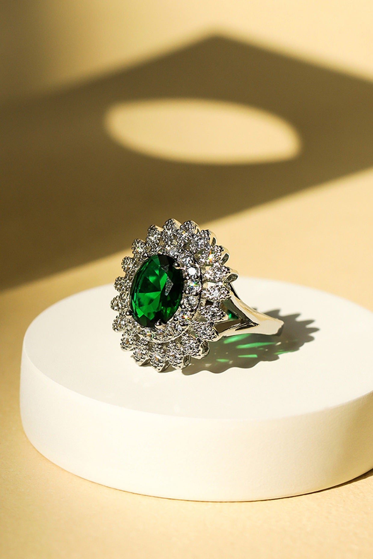 Silver Finish Zircon & Emerald Green Synthetic Stone Ring